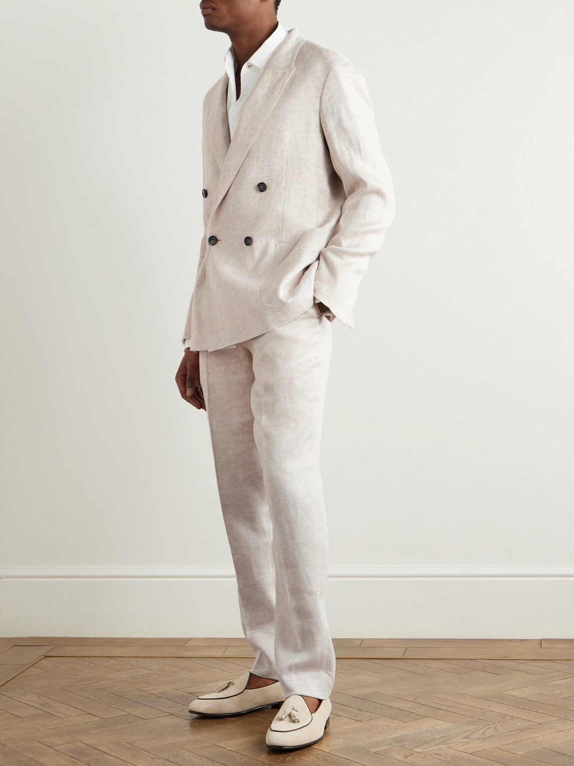 Zegna Double-breasted Linen-twill Suit Jacket In Neutrals