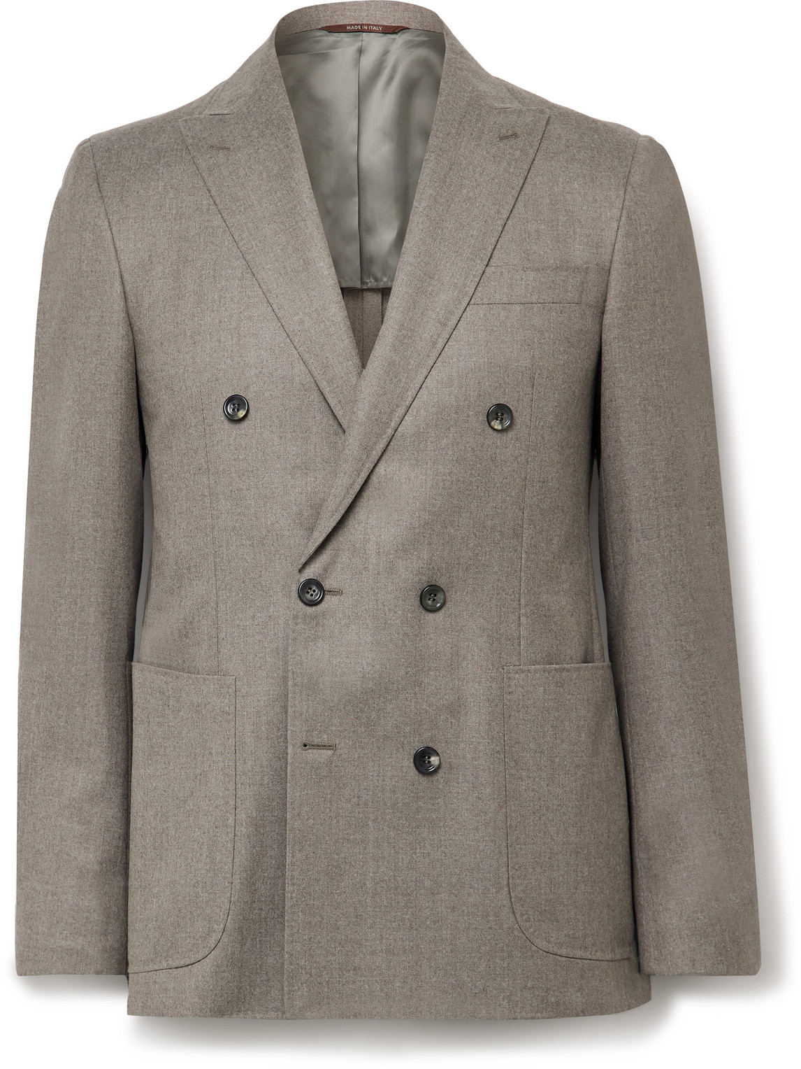 Canali Kei Slim-fit Double-breasted Wool-flannel Suit Jacket In Brown