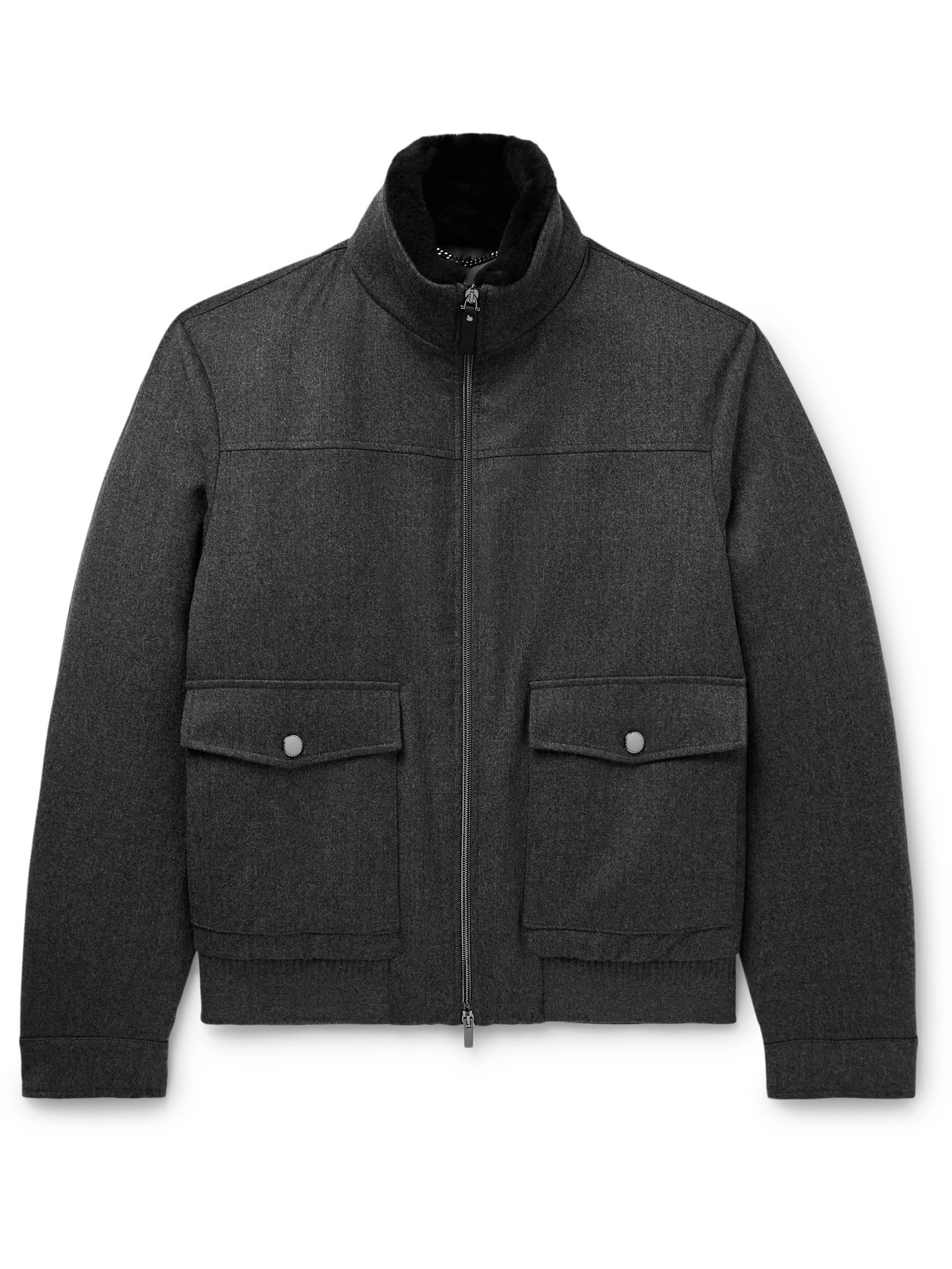 Shearling-Trimmed Padded Wool-Flannel Bomber Jacket