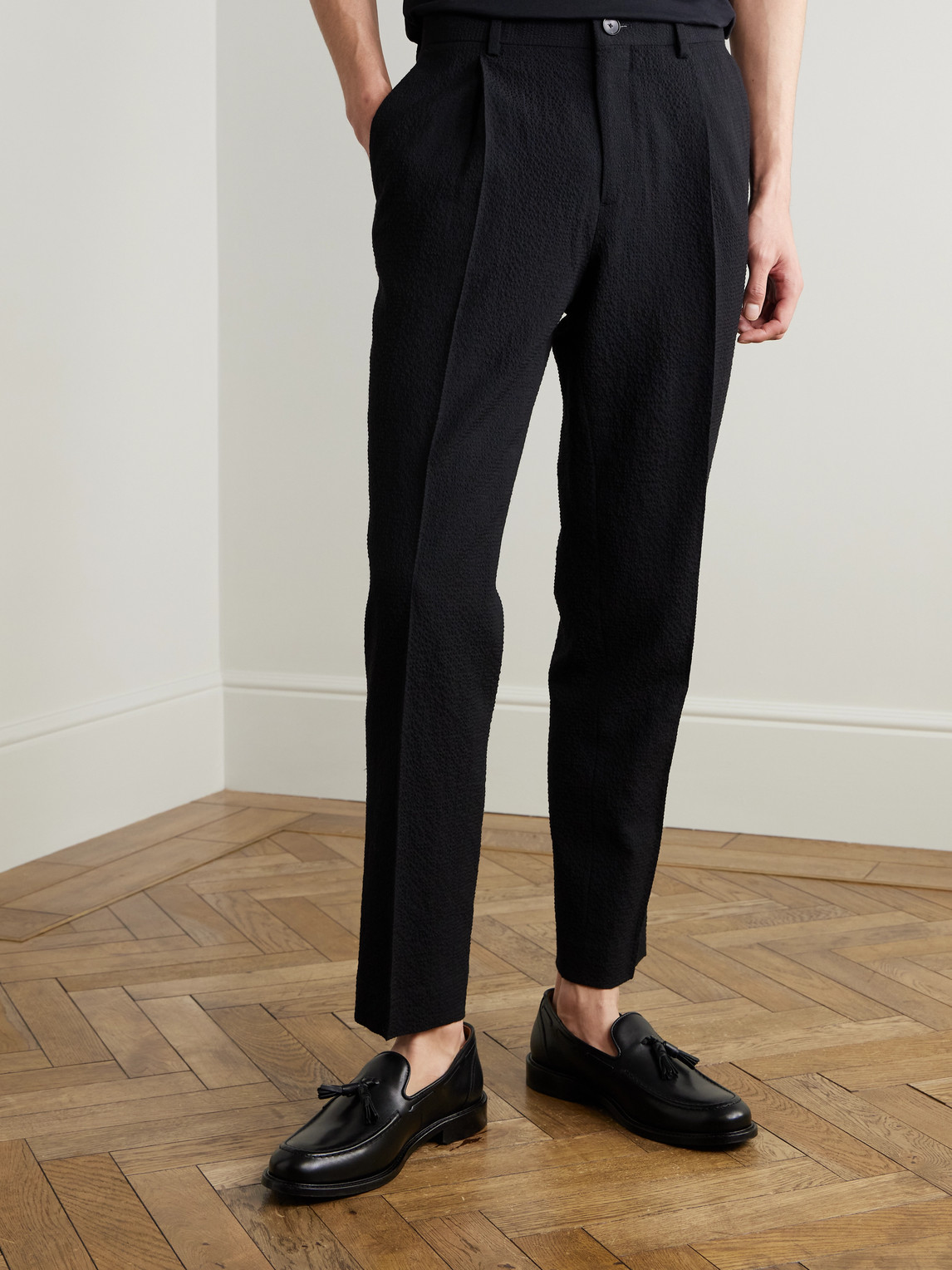 Mr P. - Daniel Tapered Pleated Wool-Blend Seersucker Suit Trousers