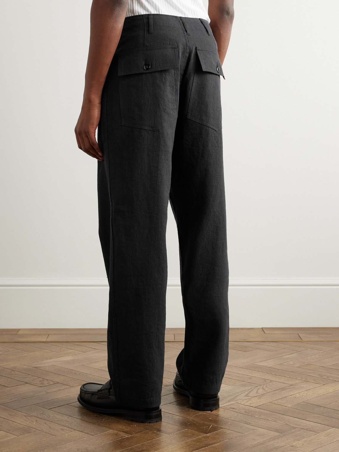Shop Monitaly Fatigue Straight-leg Linen And Cotton-blend Trousers In Black