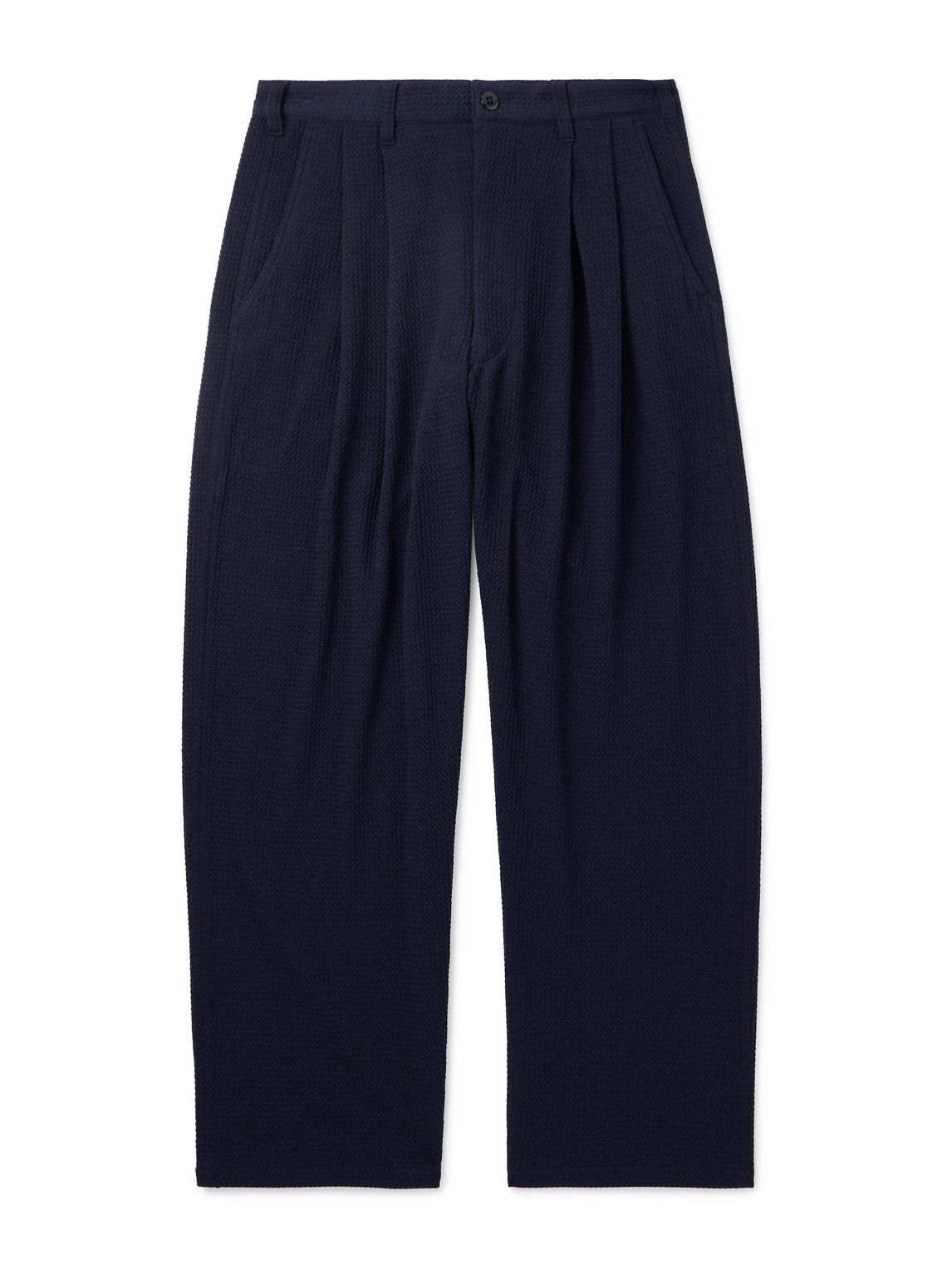 Monitaly Easy Tapered Pleated Textured-woven Trousers In Blue