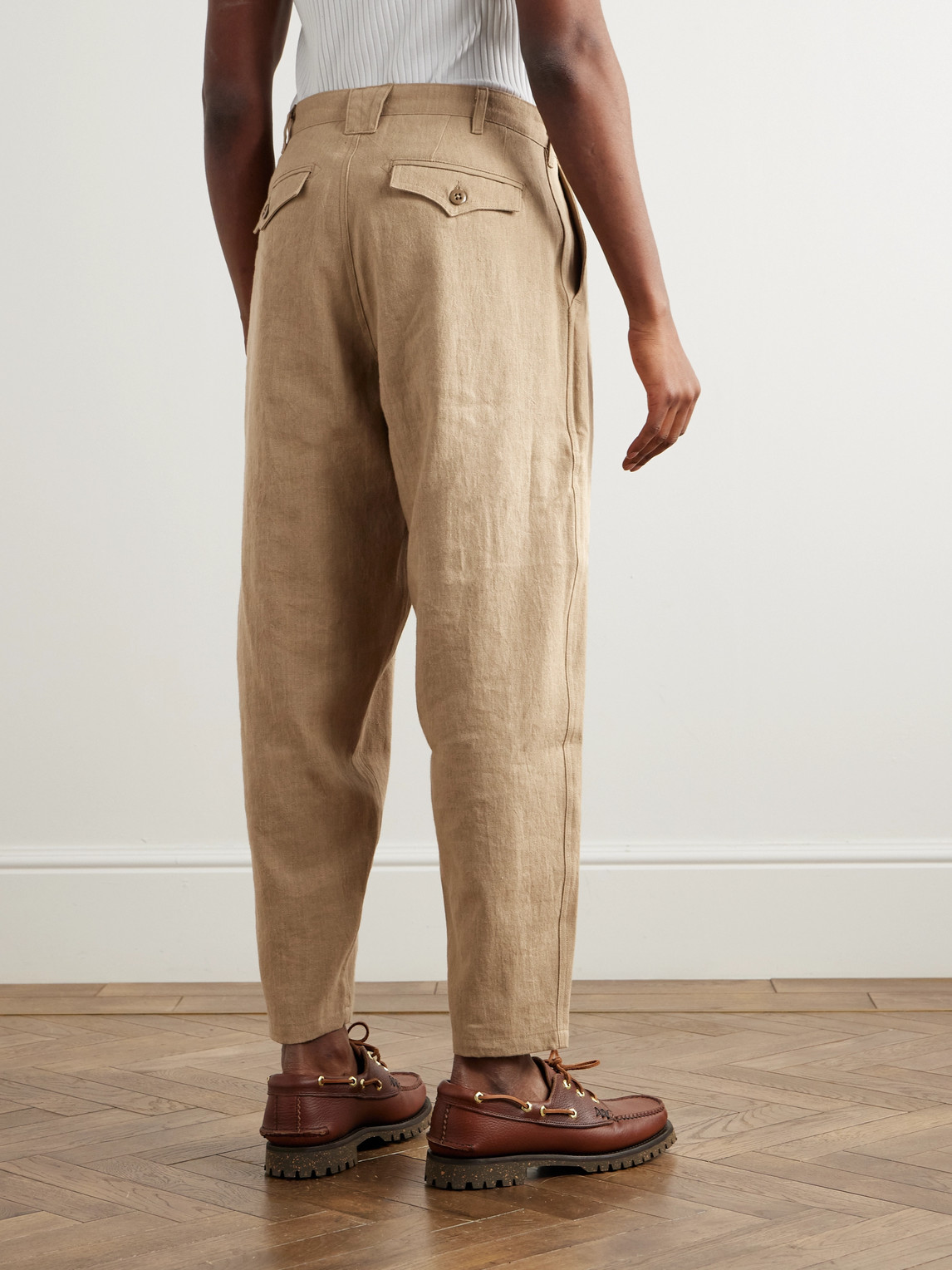 Shop Monitaly Tapered Pleated Linen And Cotton-blend Gauze Trousers In Neutrals