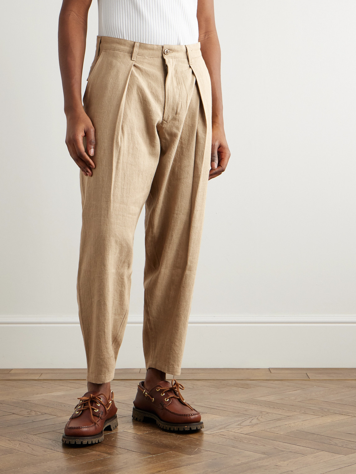 MONITALY TAPERED PLEATED LINEN AND COTTON-BLEND GAUZE TROUSERS