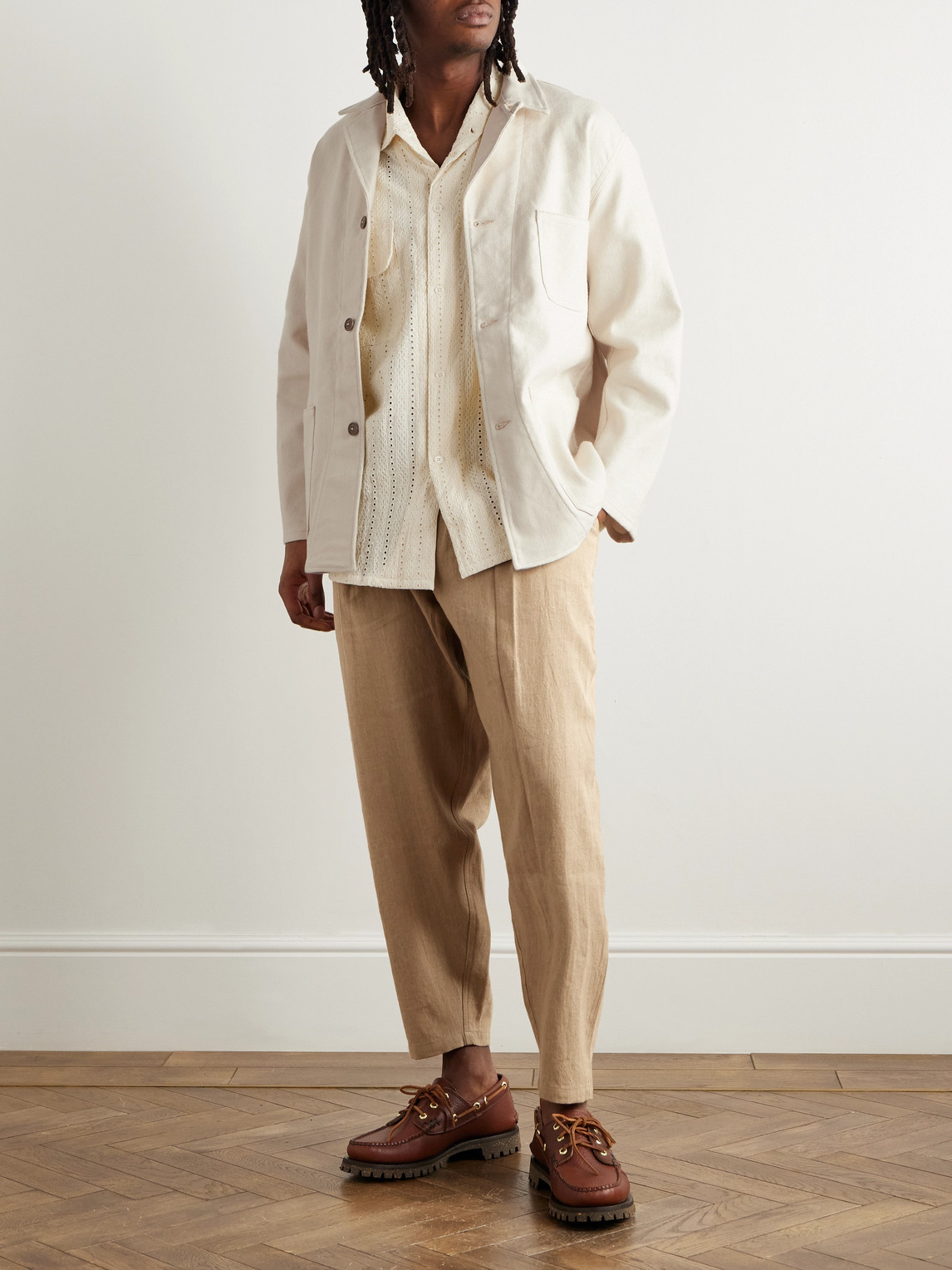 MONITALY TAPERED PLEATED LINEN AND COTTON-BLEND GAUZE TROUSERS