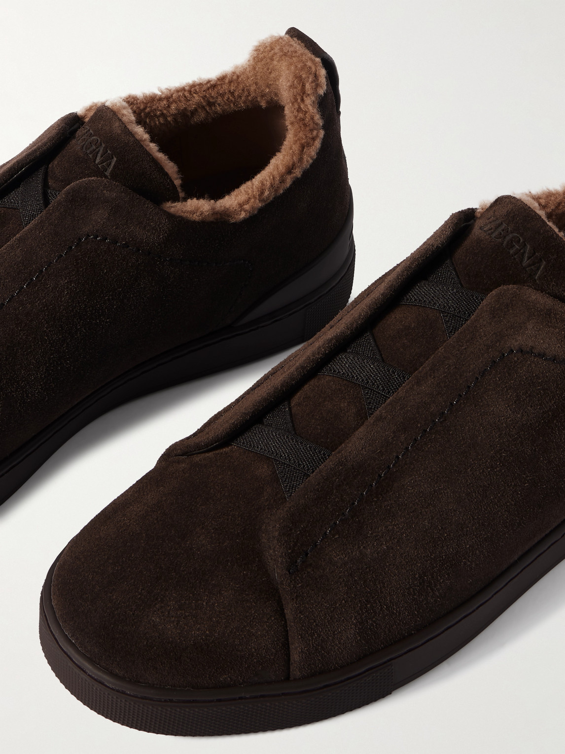 Zegna Triple Stitch™ Shearling-lined Suede Slip-on Sneakers In Brown
