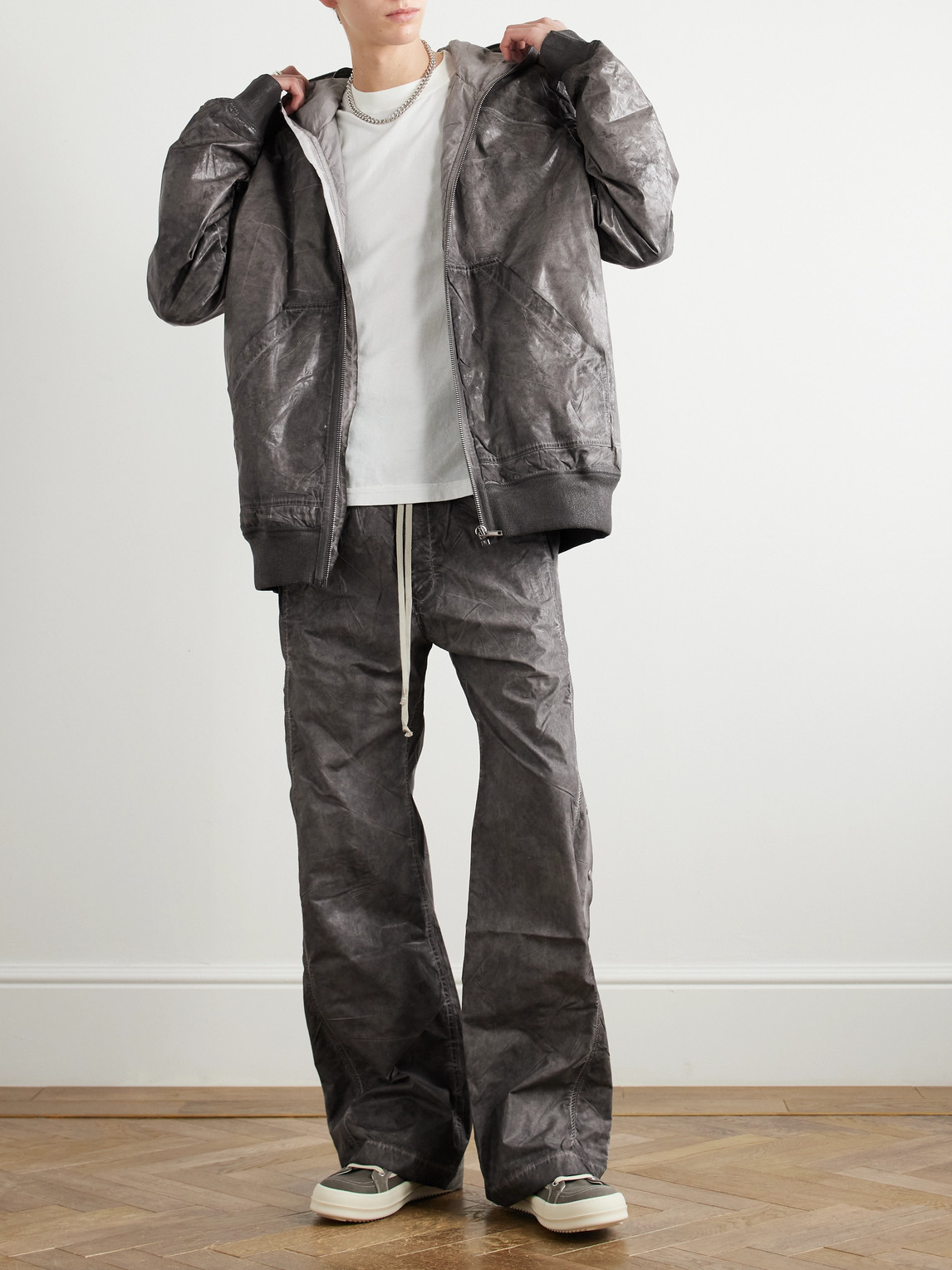Shop Rick Owens Drkshdw Garment-dyed Foil Coated Cotton-poplin Hooded Bomber Jacket In Gray