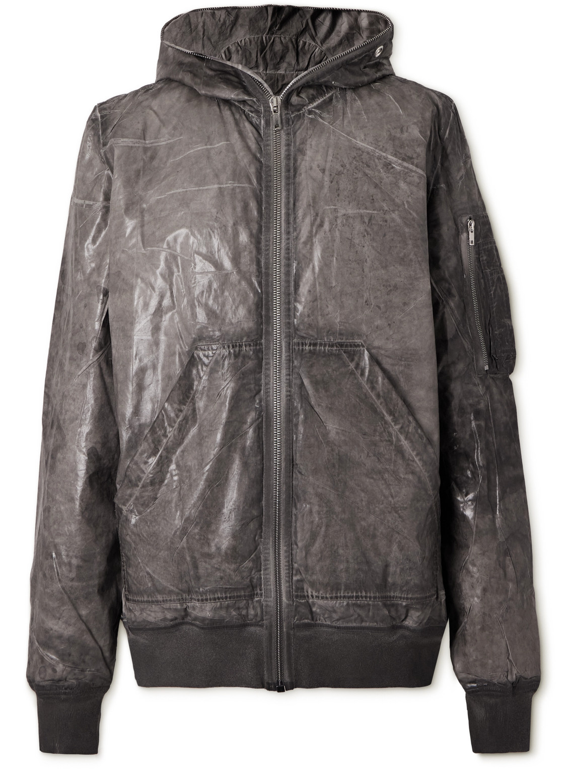 Rick Owens Drkshdw Garment-dyed Foil Coated Cotton-poplin Hooded Bomber Jacket In Gray