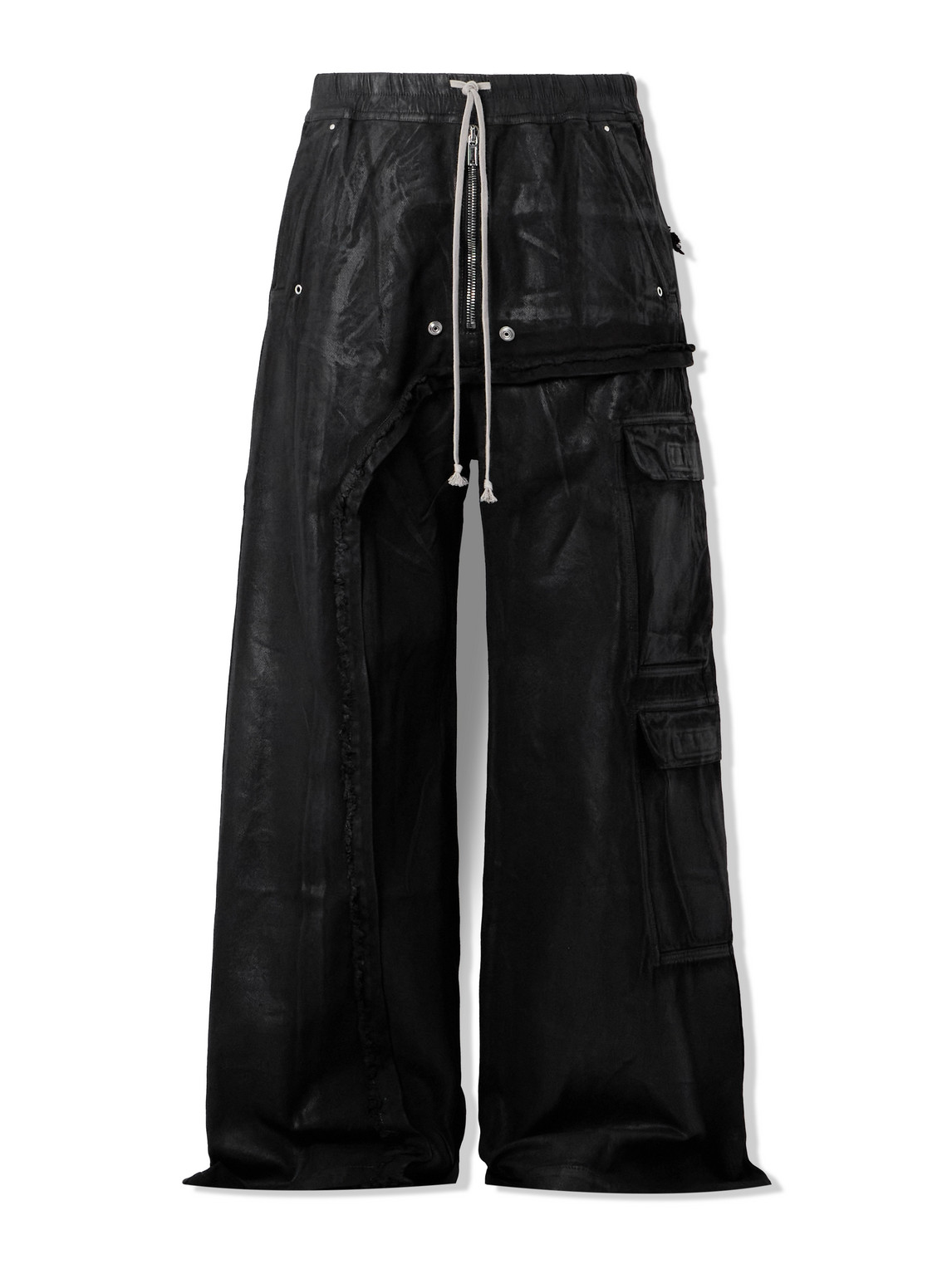 Rick Owens Drkshdw Jumbo Belas Wide-leg Foil Denim Drawstring Cargo Trousers In Black