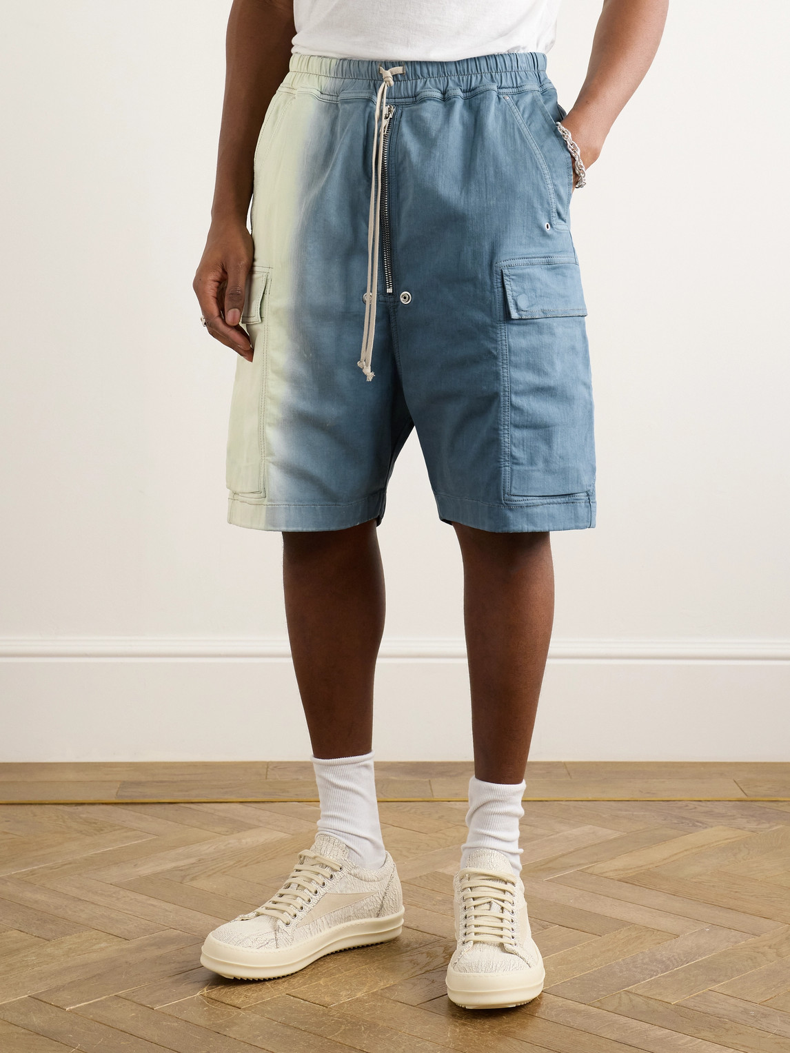 Shop Rick Owens Drkshdw Wide-leg Dégradé Denim Drawstring Cargo Shorts In Blue