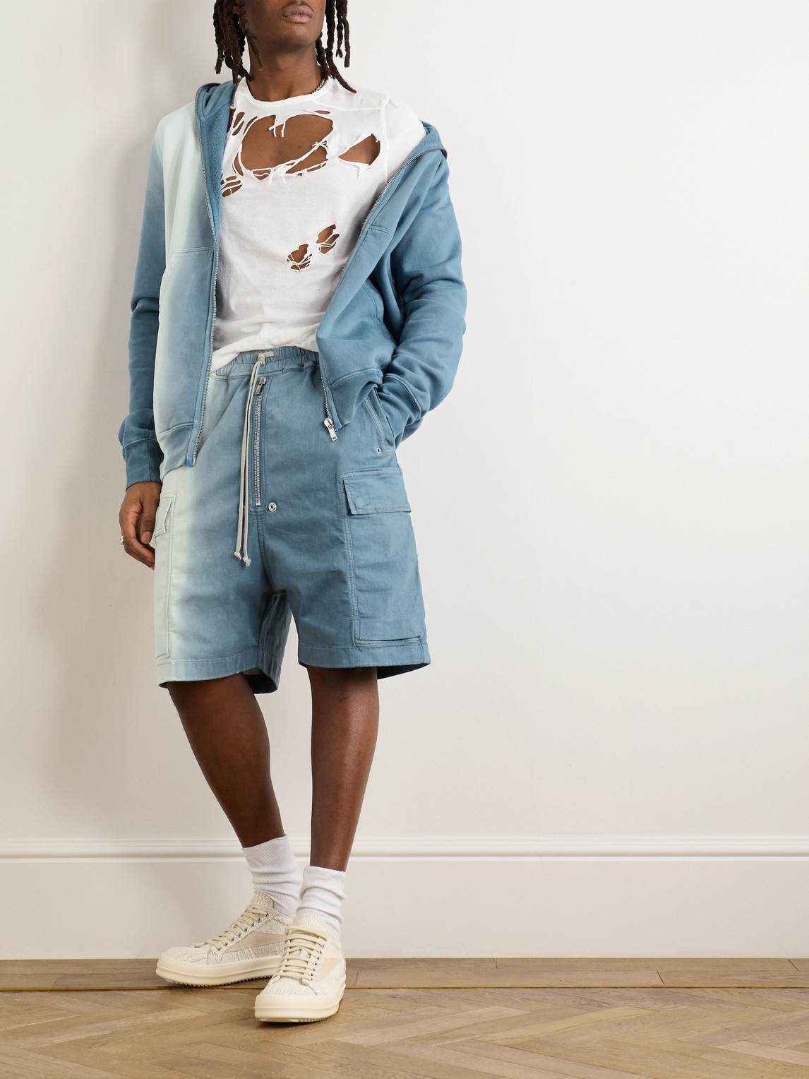 Shop Rick Owens Drkshdw Wide-leg Dégradé Denim Drawstring Cargo Shorts In Blue