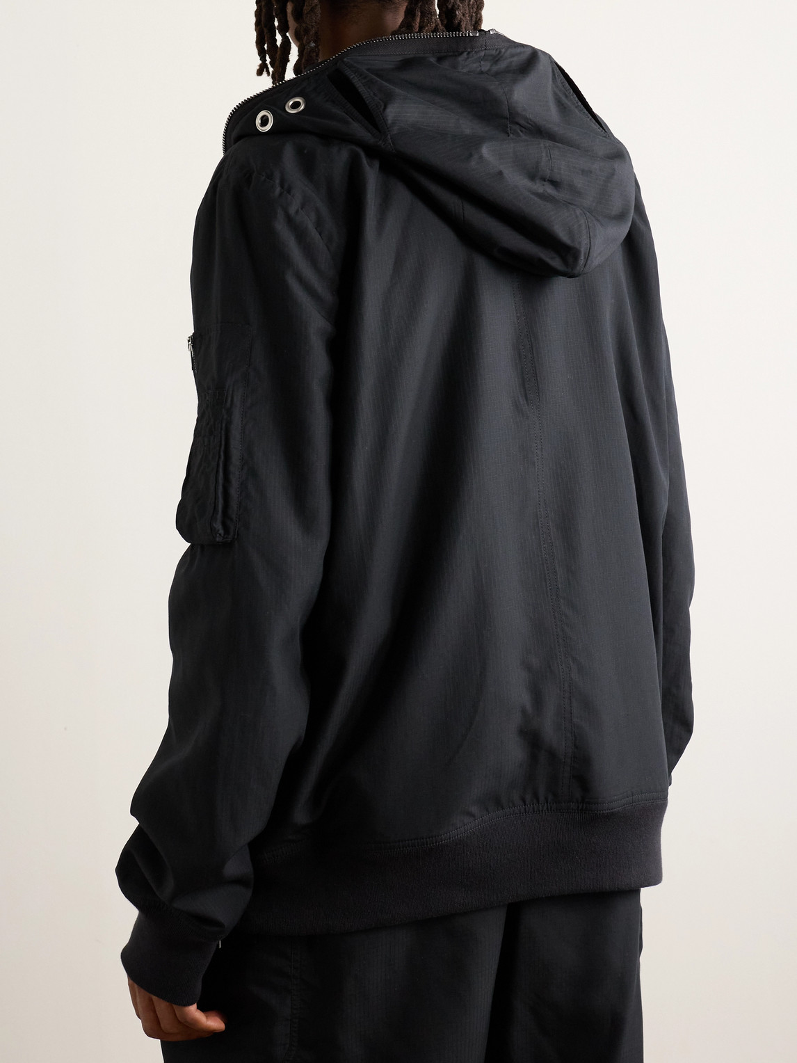 RICK OWENS DRKSHDW PADDED WEBBING-TRIMMED TENCEL™ LYOCELL-RIPSTOP HOODED BOMBER JACKET
