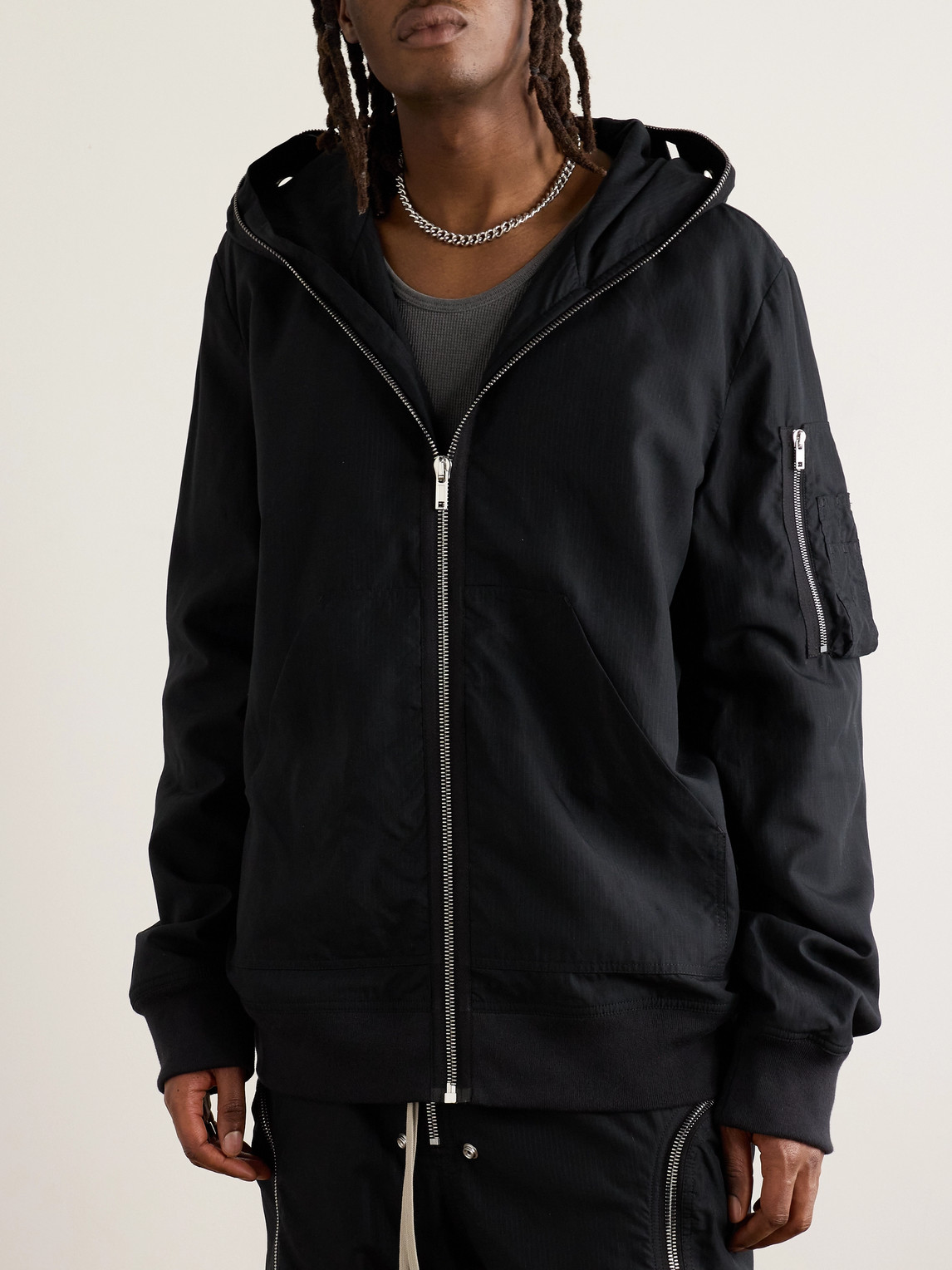 RICK OWENS DRKSHDW PADDED WEBBING-TRIMMED TENCEL™ LYOCELL-RIPSTOP HOODED BOMBER JACKET