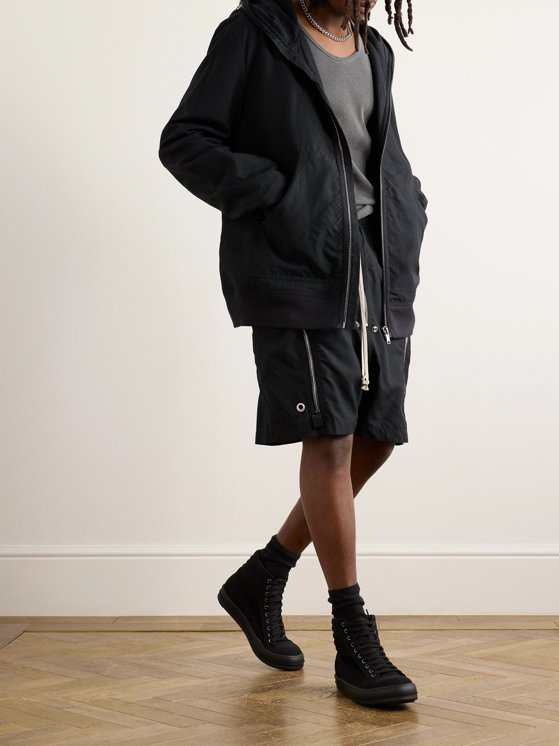 RICK OWENS DRKSHDW PADDED WEBBING-TRIMMED TENCEL™ LYOCELL-RIPSTOP HOODED BOMBER JACKET