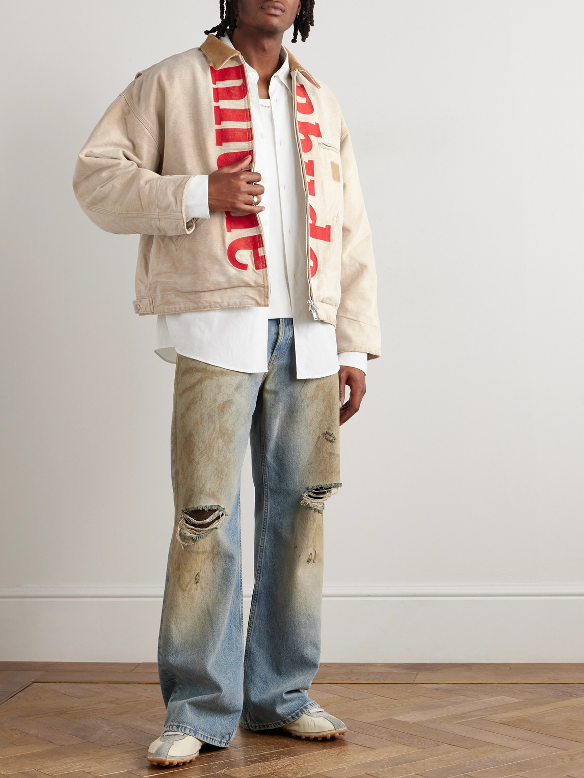 Rhude Corduroy-trimmed Logo-print Distressed Cotton-canvas Bomber Jacket In Neutral