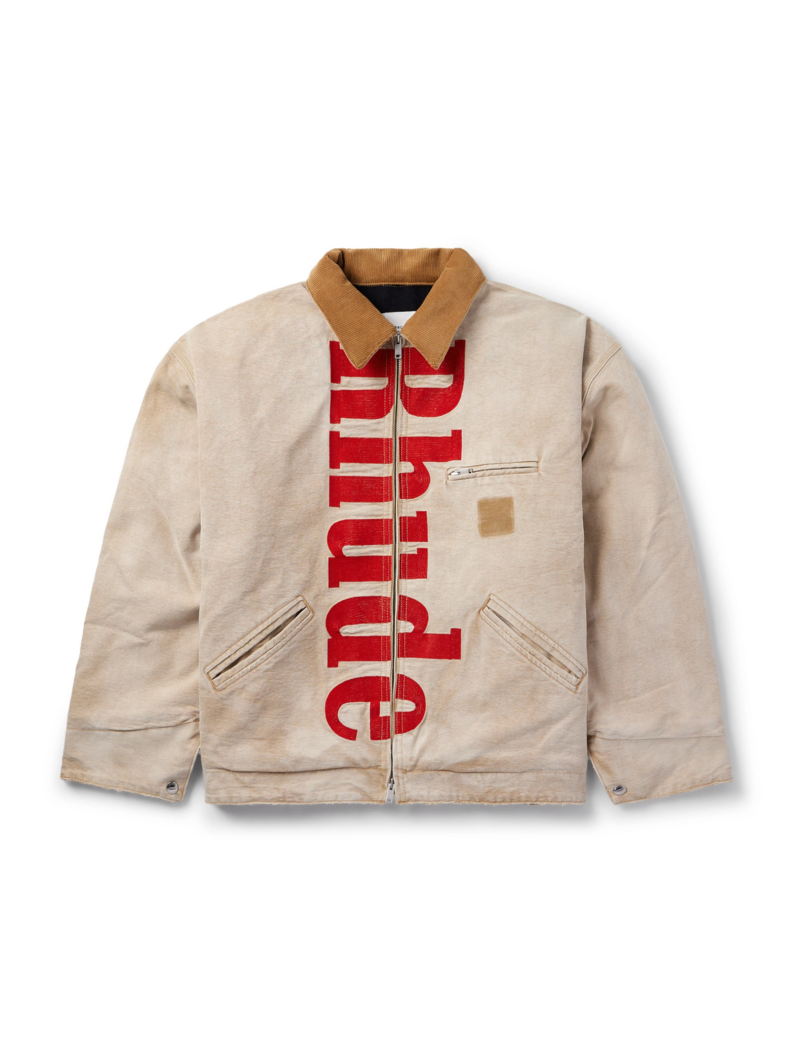 Rhude Corduroy-trimmed Logo-print Distressed Cotton-canvas Bomber Jacket In Neutral