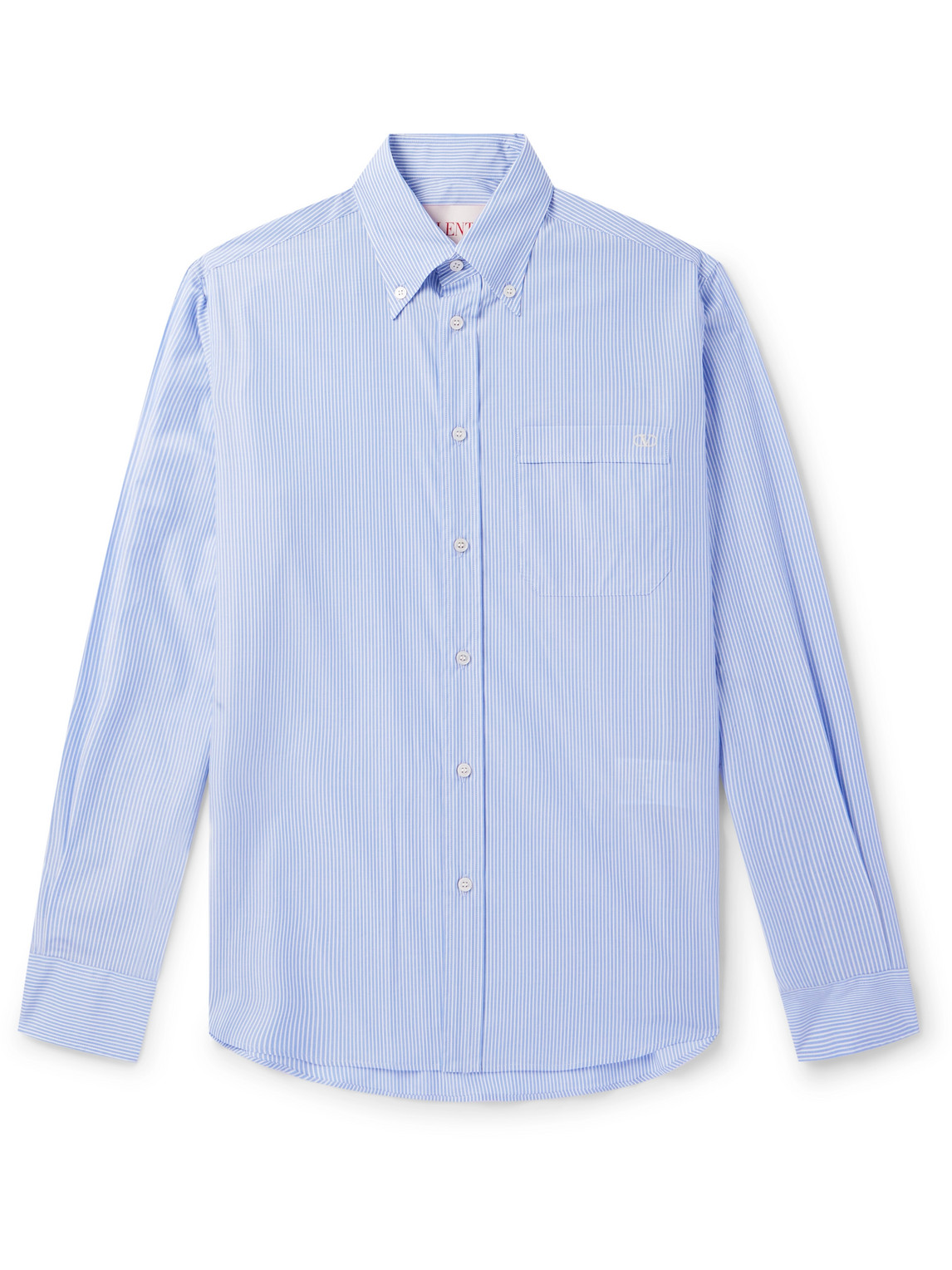 Valentino Garavani Button-Down Collar Logo-Embroidered Striped Cotton-Poplin Shirt - Men