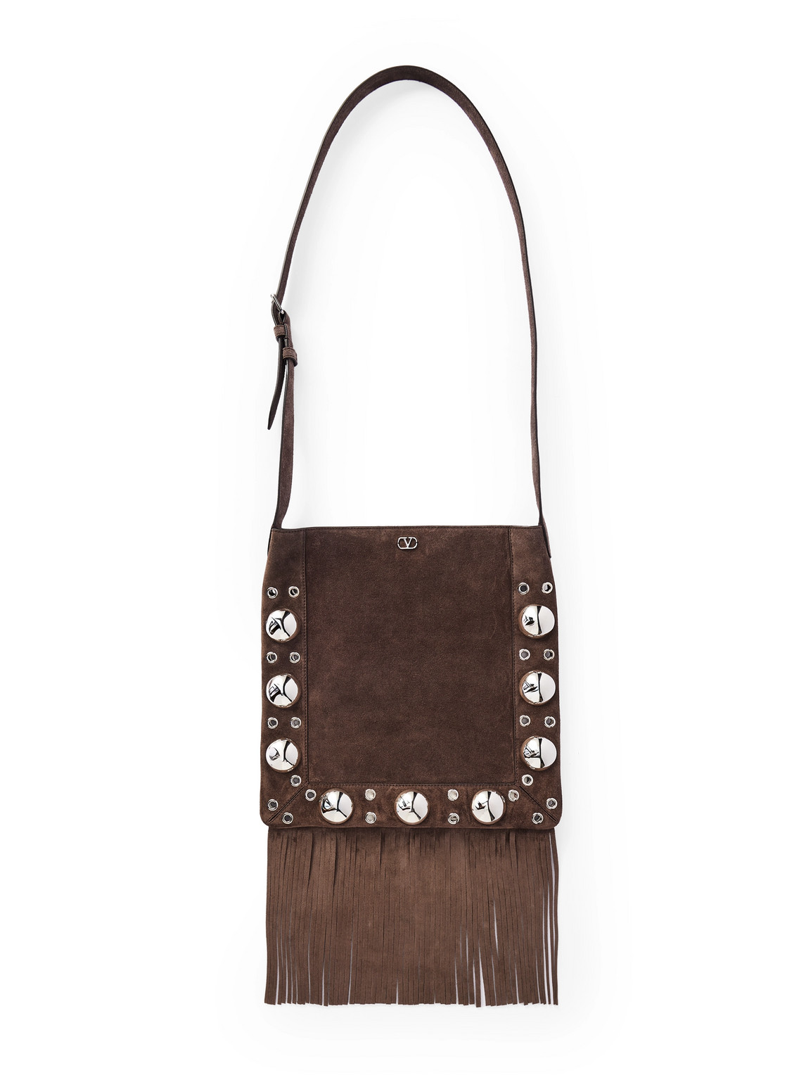 Fringed Eyelet-Embellished Suede Shoulder Bag