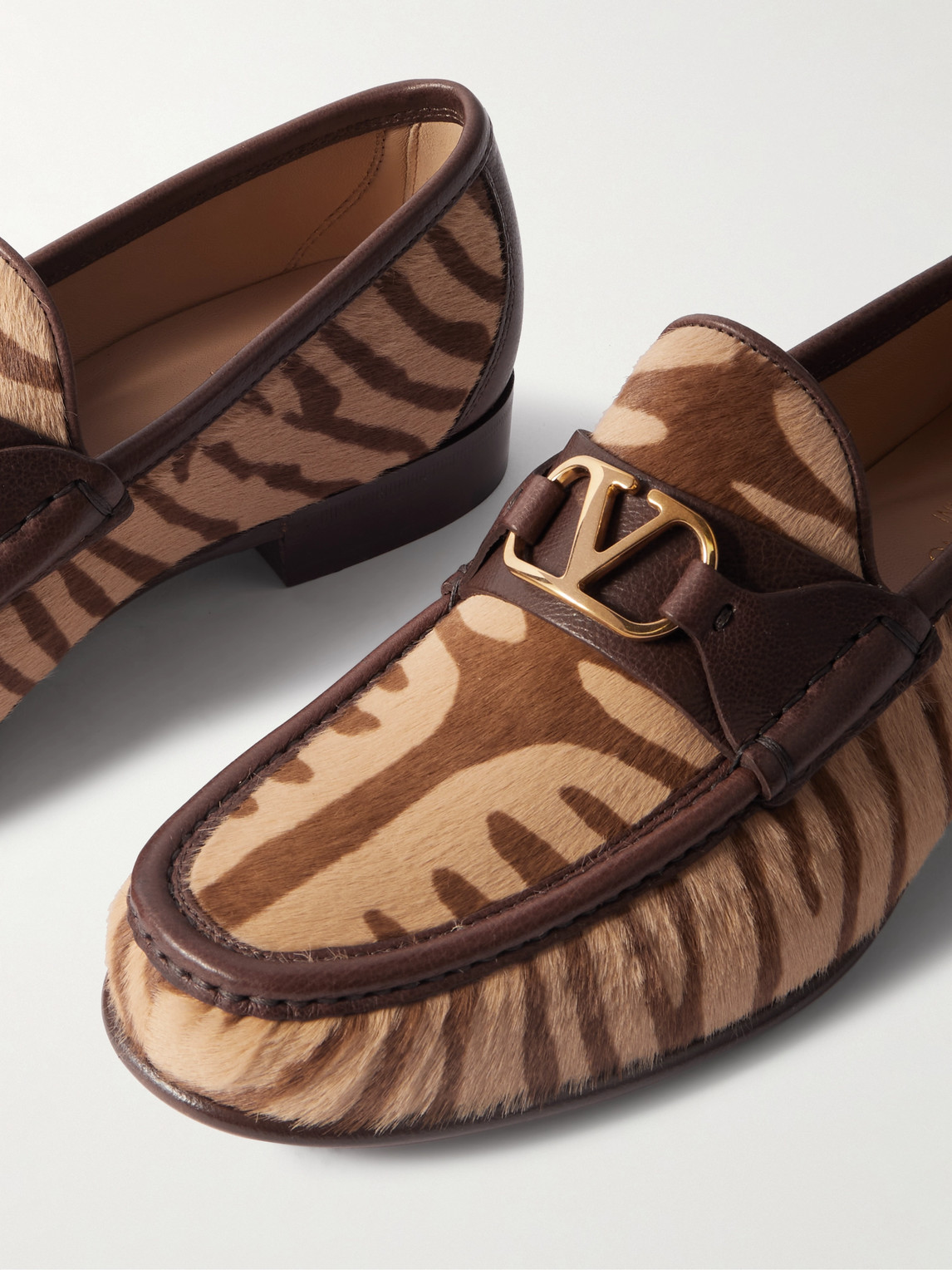 Valentino Logo-embellished Leather-trimmed Tiger-print Calf Hair Loafers In Brown