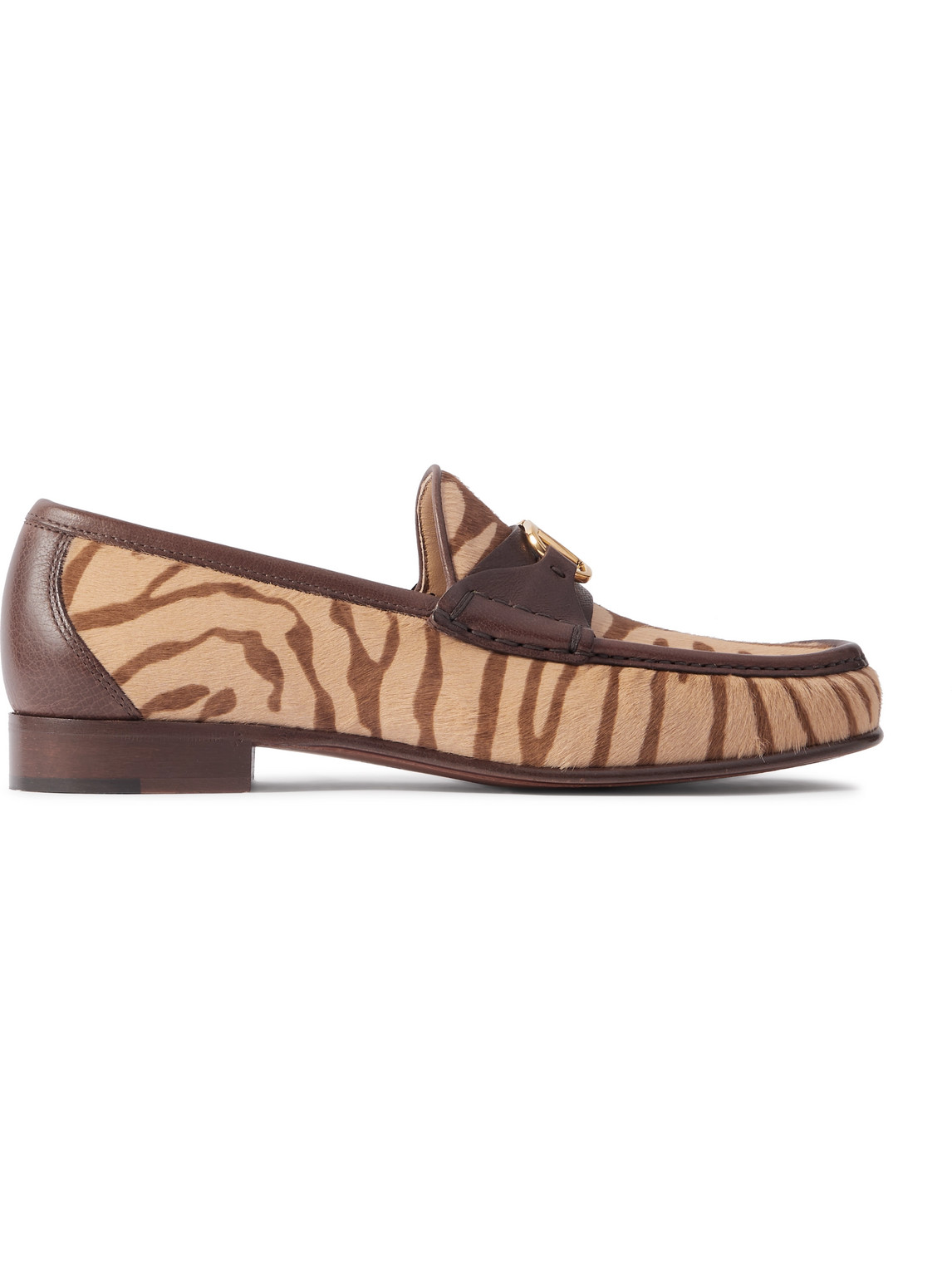 Valentino Garavani Logo-embellished Leather-trimmed Tiger-print Calf Hair Loafers In Brown