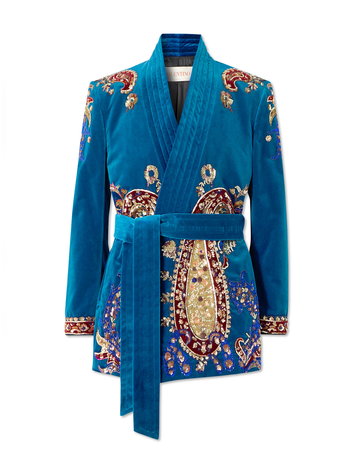 Valentino Belted Sequin-embellished Cotton-velvet Jacket In Blue