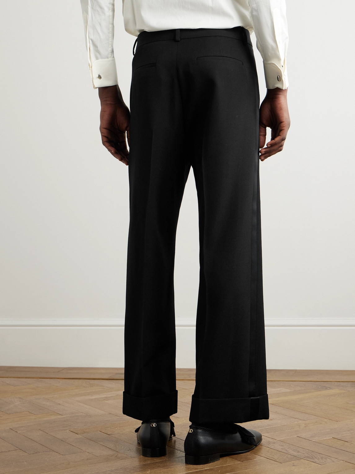 Valentino Straight-leg Satin-trimmed Grain De Poudre Wool Tuxedo Trousers In Black