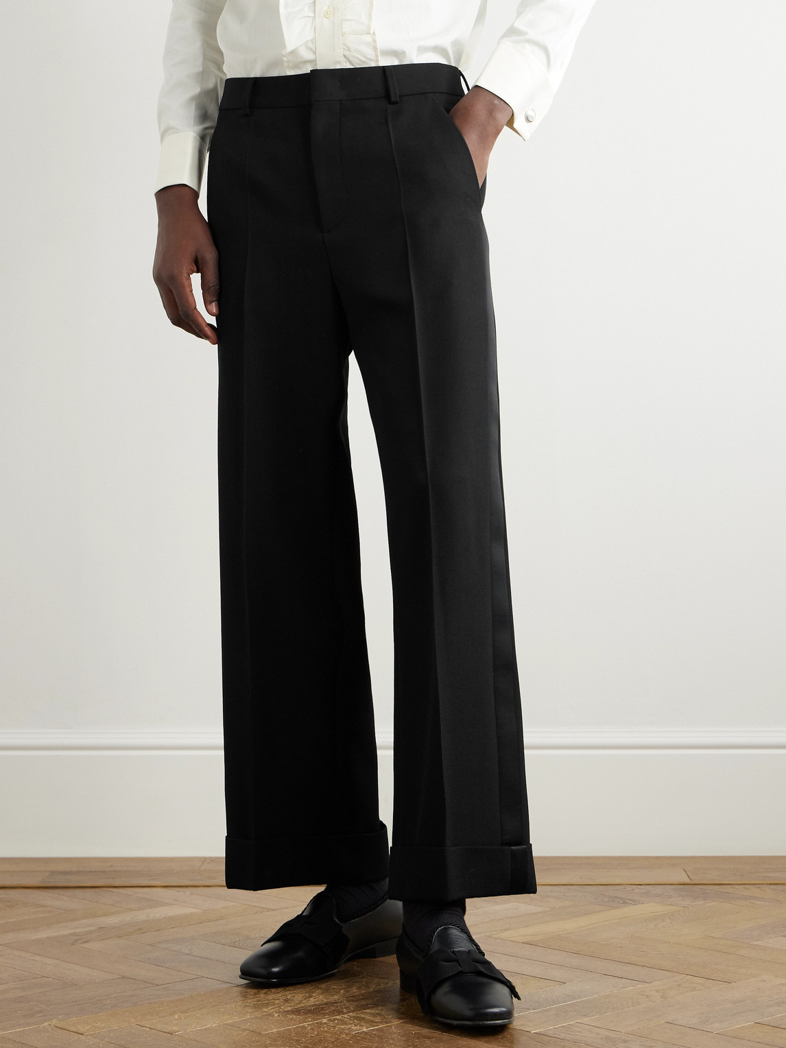 Valentino Straight-leg Satin-trimmed Grain De Poudre Wool Tuxedo Trousers In Black