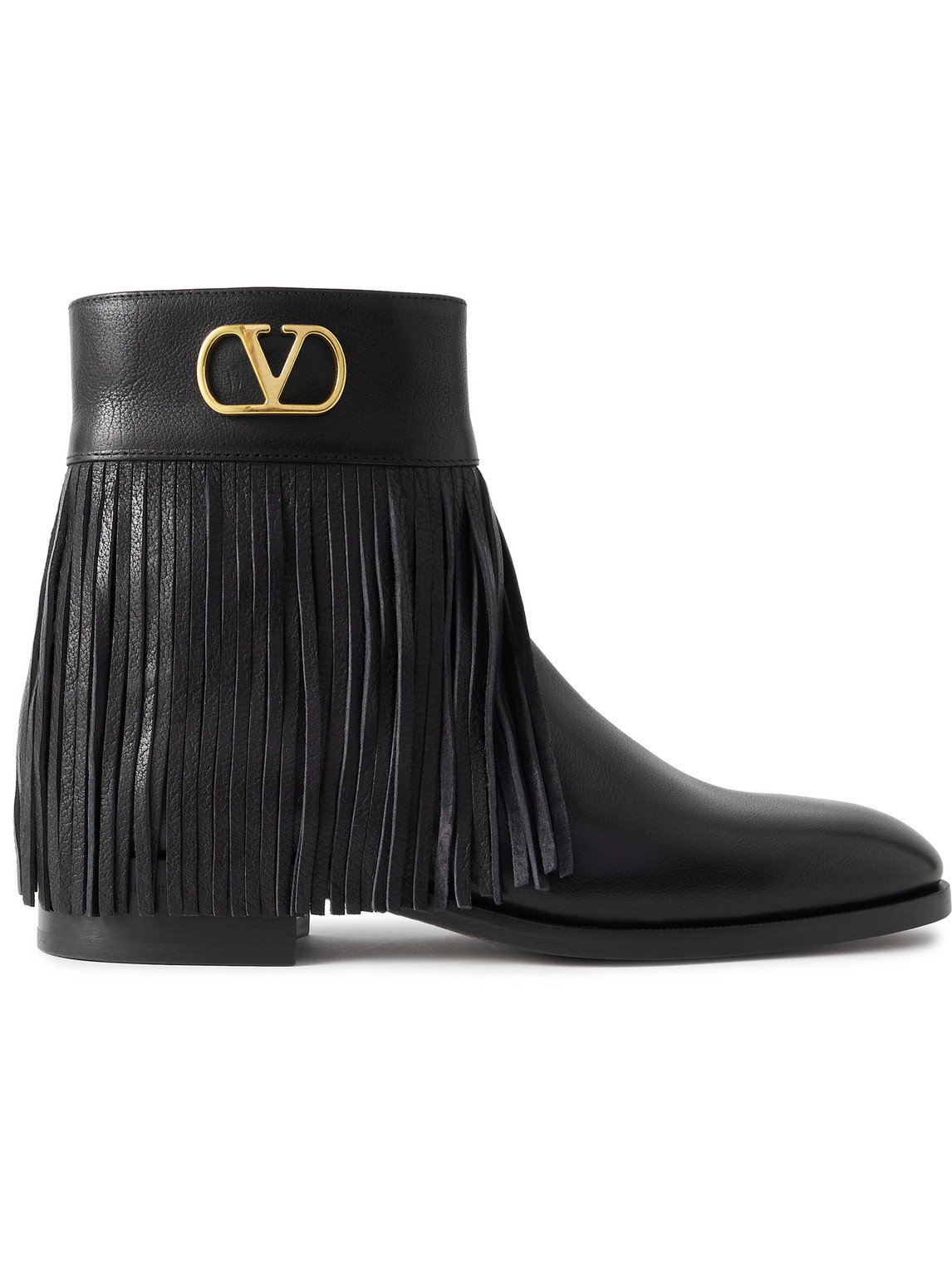 Valentino Garavani Logo-embellished Fringed Full-grain Leather Chelsea Boots In Black