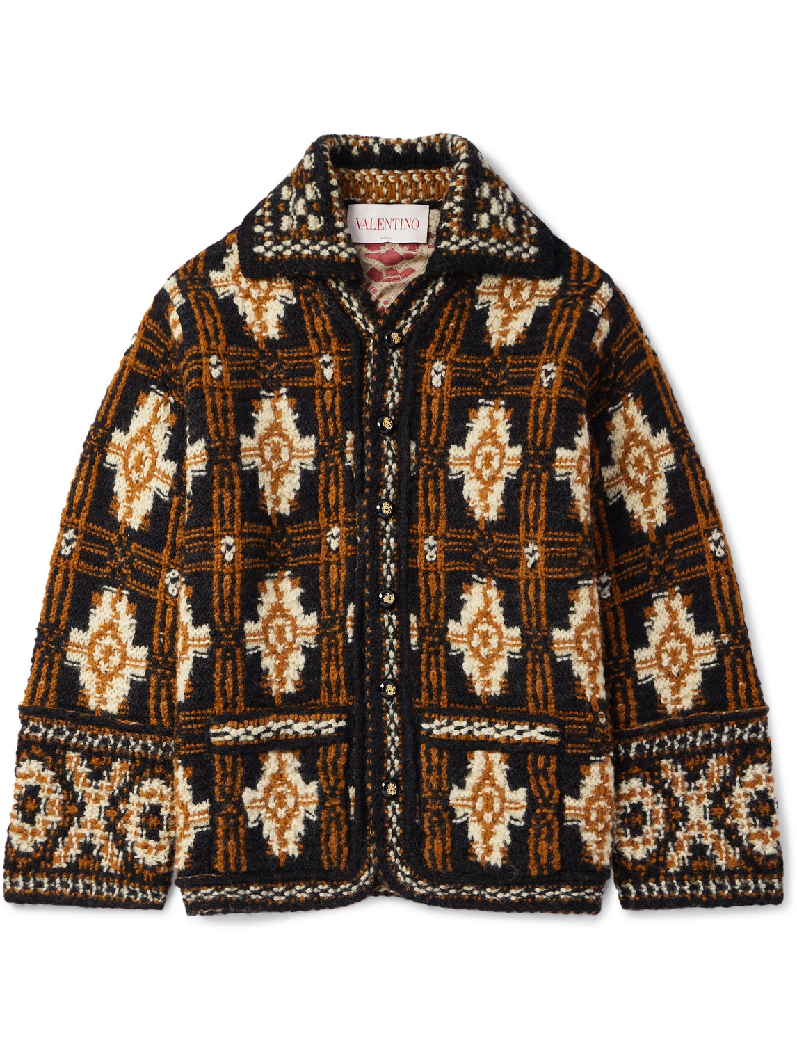 Valentino Jacquard-knit Wool Coat In Brown