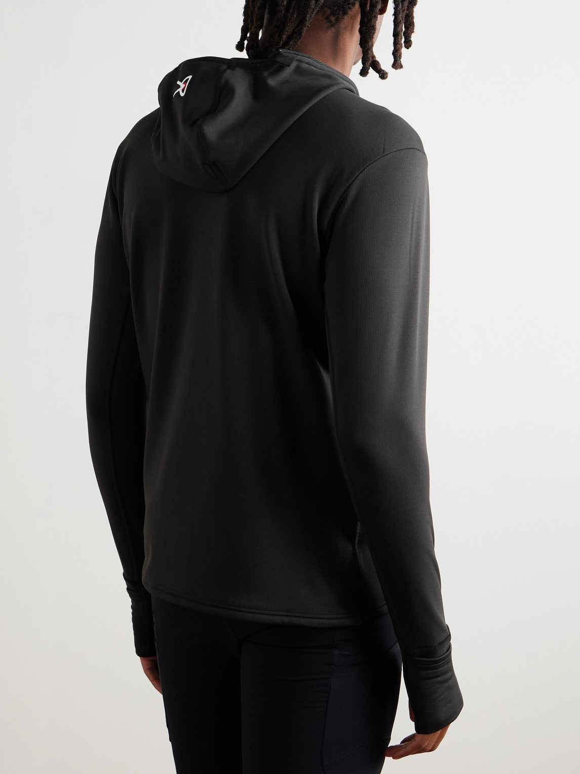 District Vision Logo-print Stretch Recycled-fleece Hoodie In Black
