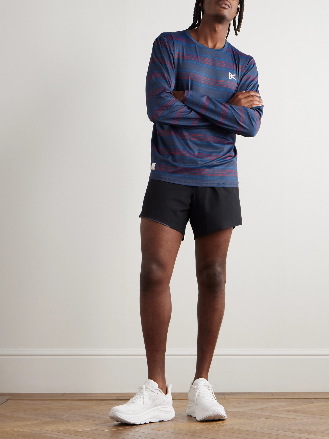 District Vision Logo-print Striped Stretch-jersey Running Top In Blue