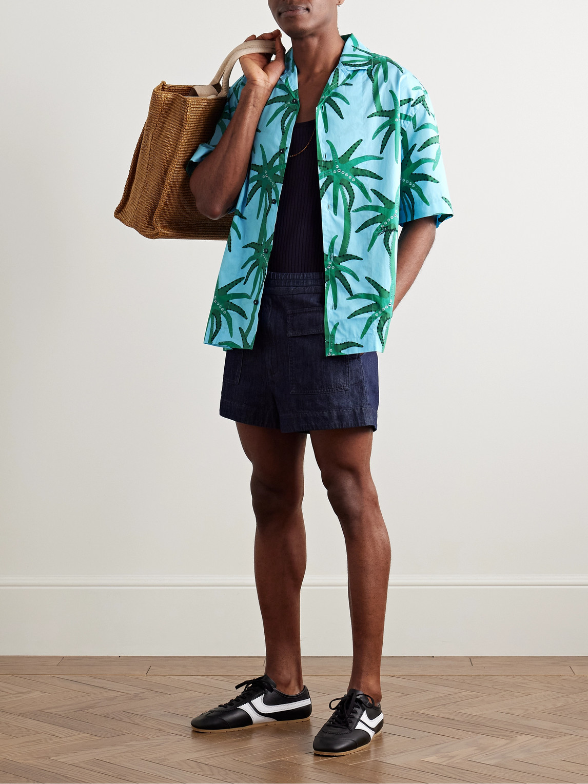 Shop Jacquemus Camp-collar Printed Cotton-poplin Shirt In Blue