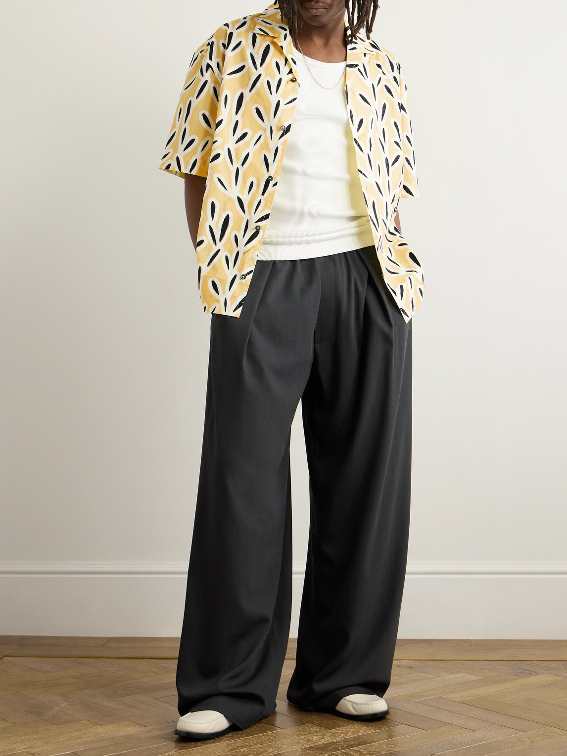 Jacquemus Yellow Cotton Jean Shirt With Playful Leaf Pattern In Yellow