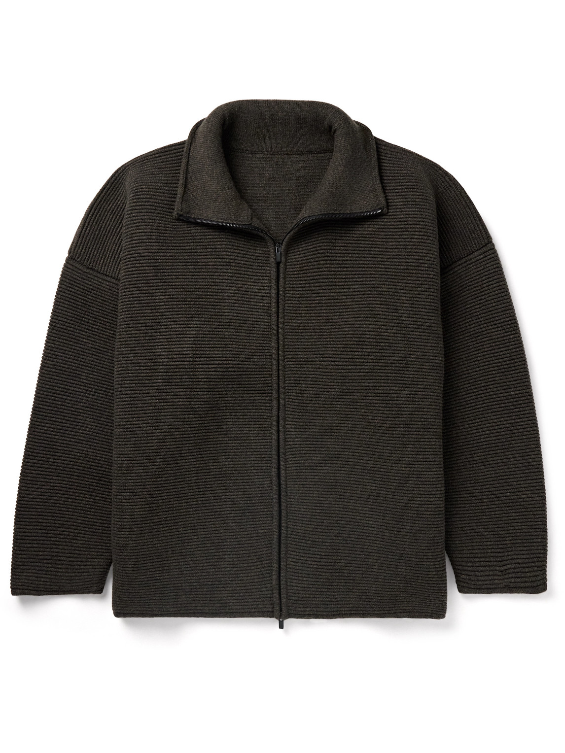 Fear Of God Oversized Ribbed Virgin Wool Zip-up Cardigan In Brown