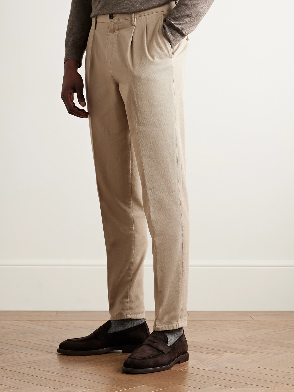Incotex Slim-fit Pleated Cotton-twill Trousers In Neutrals