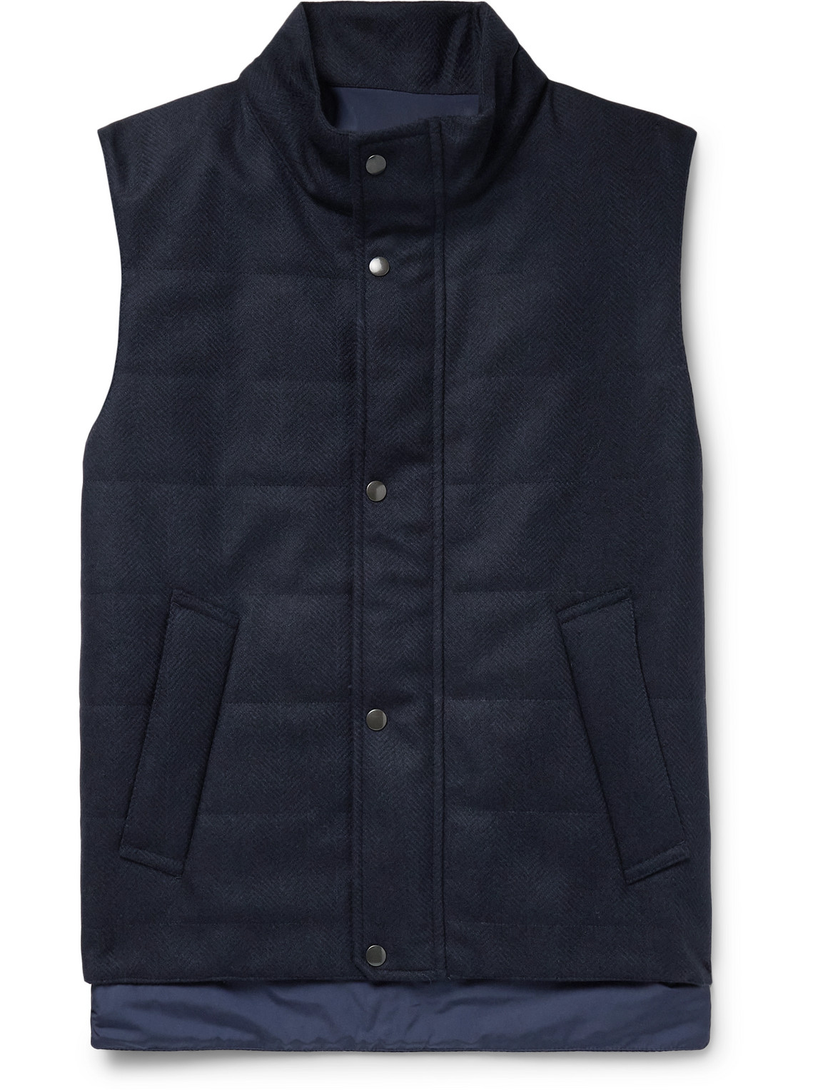Kingsman Slim-fit Quilted Padded Herringbone Wool Gilet In Blue