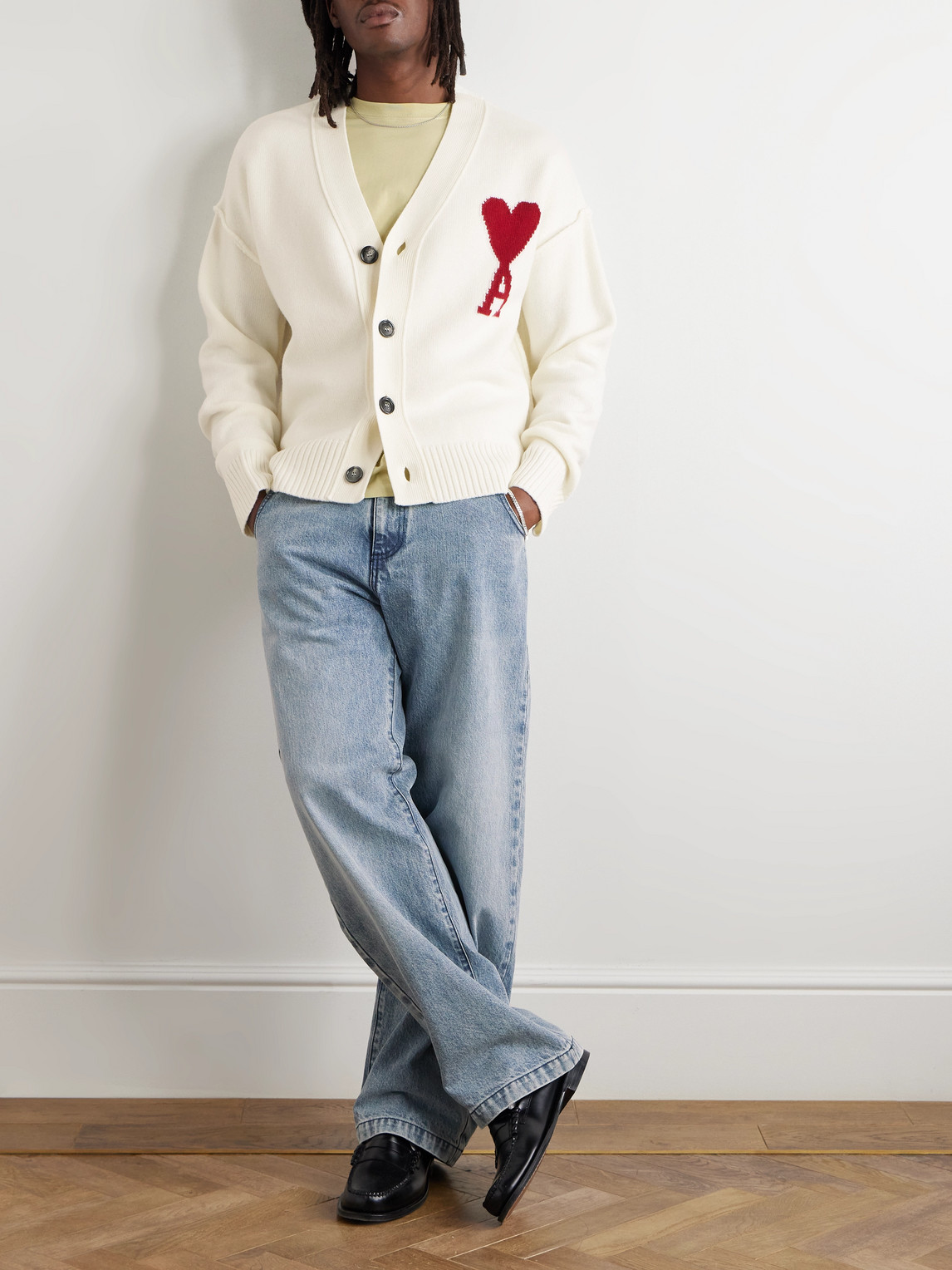 Ami Alexandre Mattiussi Logo-intarsia Merino Wool Cardigan In Neutrals