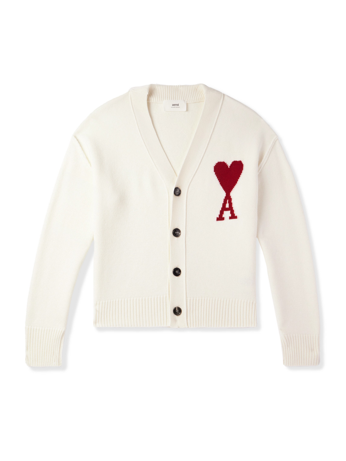 Ami Alexandre Mattiussi Logo-intarsia Merino Wool Cardigan In Neutrals