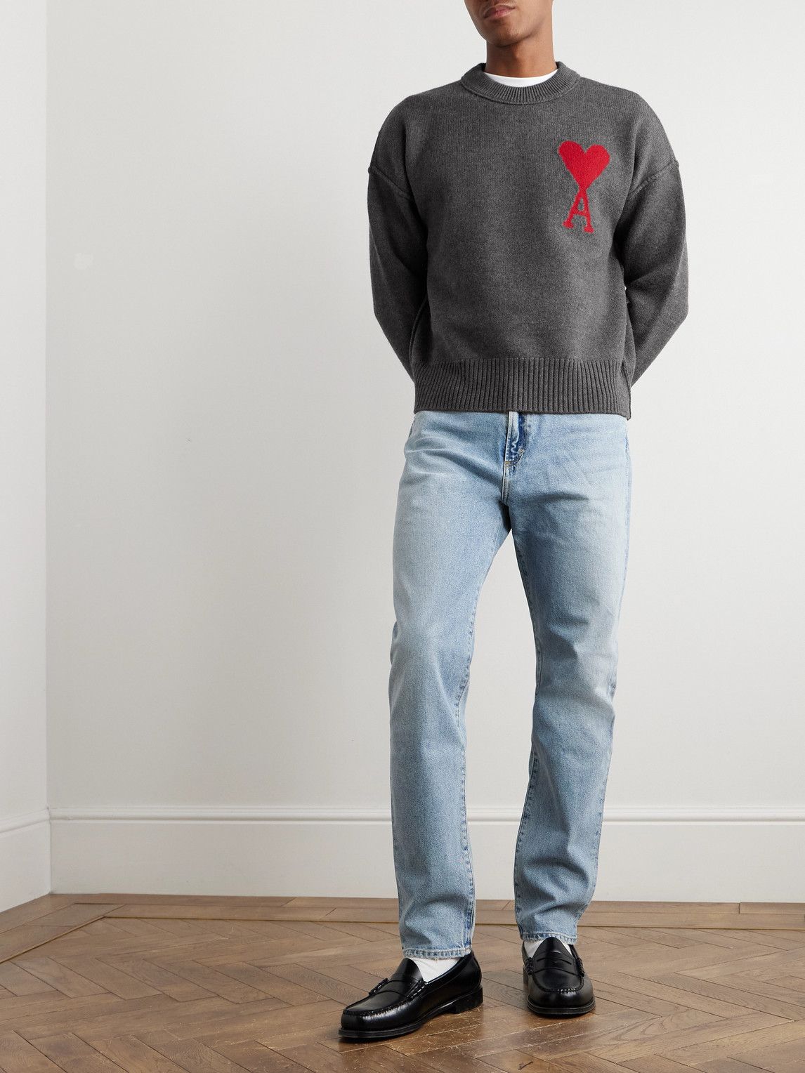 Ami Alexandre Mattiussi Adc Logo-intarsia Virgin Wool Sweater In Gray