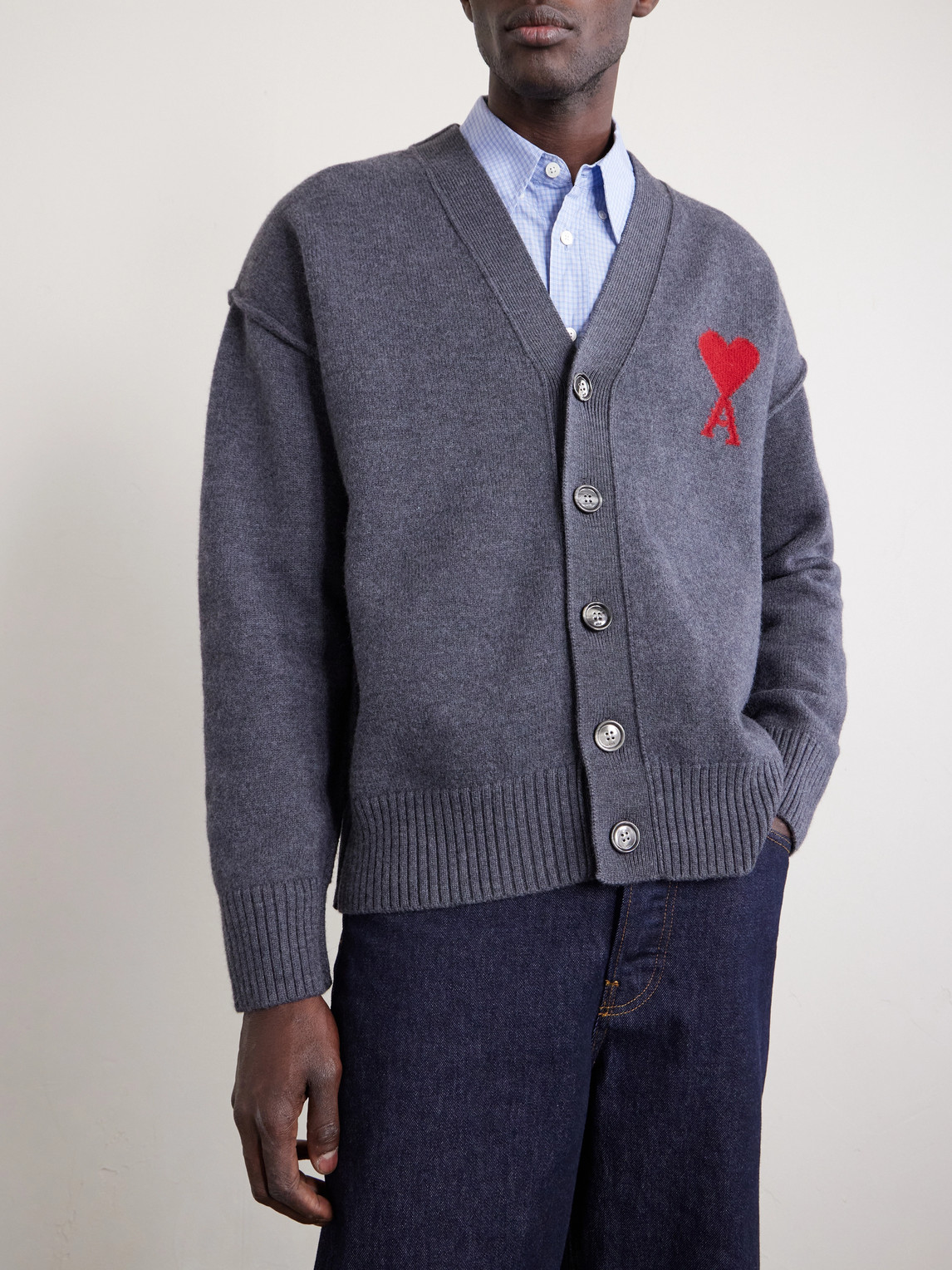  Ami Paris - Logo-intarsia Merino Wool Cardigan - Men - Gray - Xs 