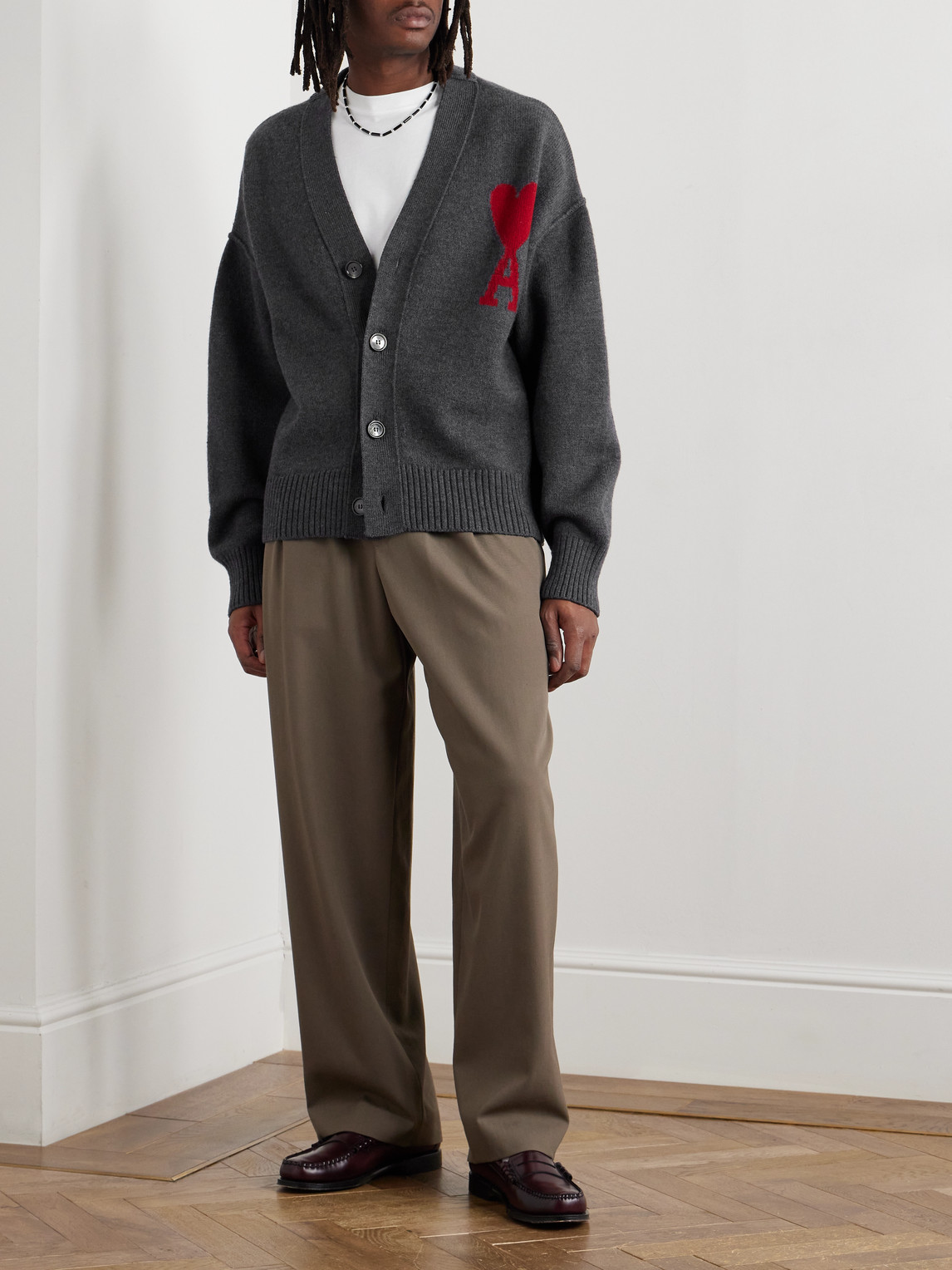 Shop Ami Alexandre Mattiussi Logo-intarsia Merino Wool Cardigan In Gray