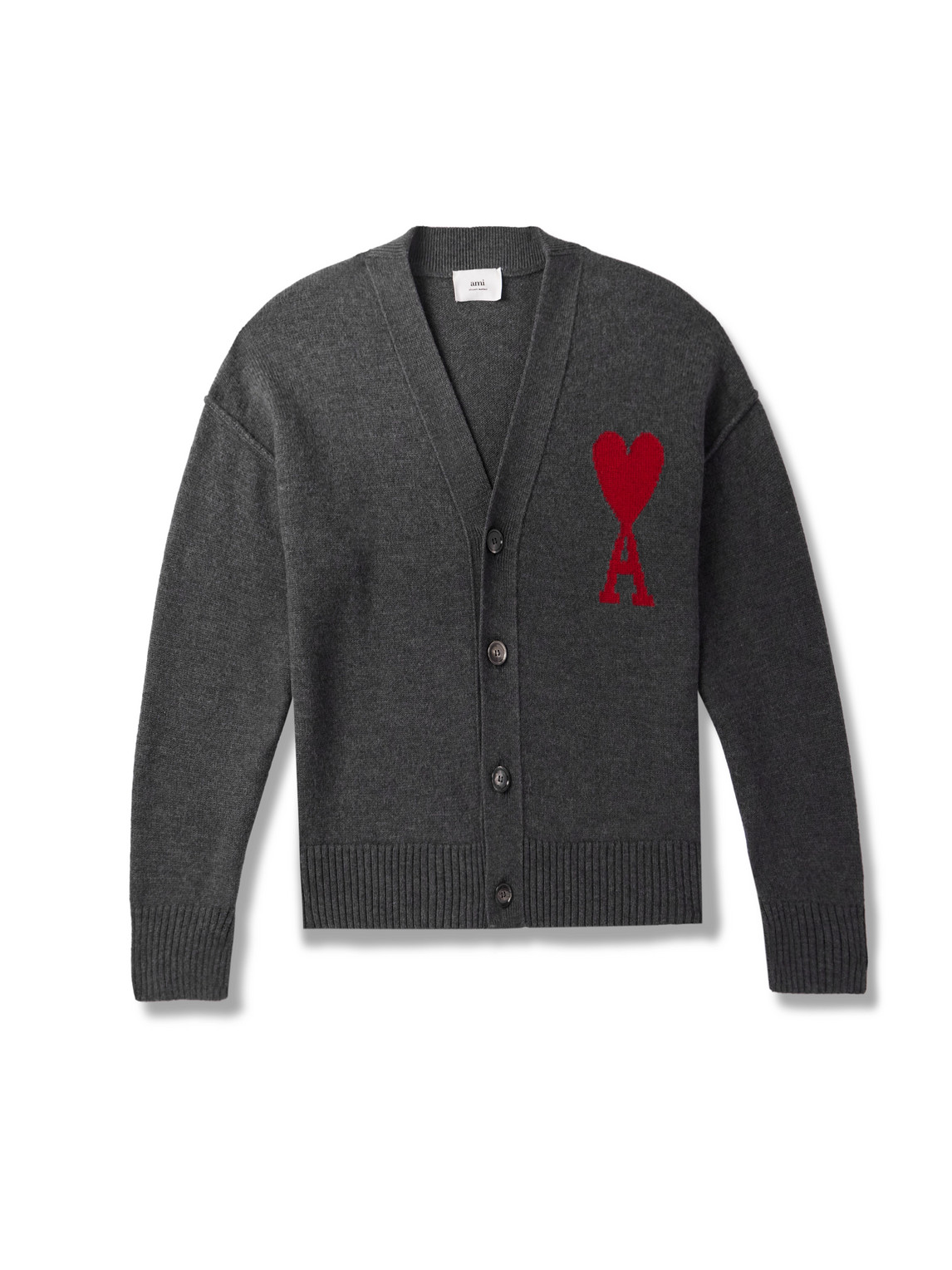 Shop Ami Alexandre Mattiussi Logo-intarsia Merino Wool Cardigan In Gray