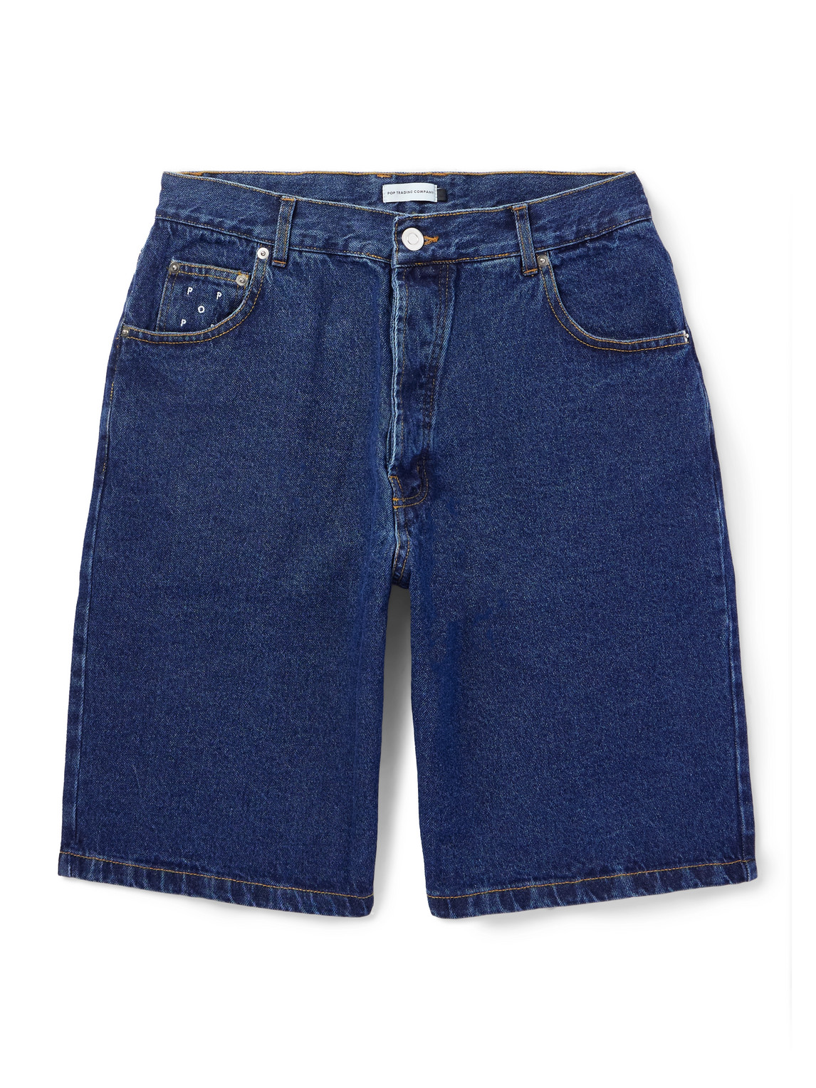 Pop Trading Company Drs Wide-leg Logo-embroidered Denim Shorts In Blue