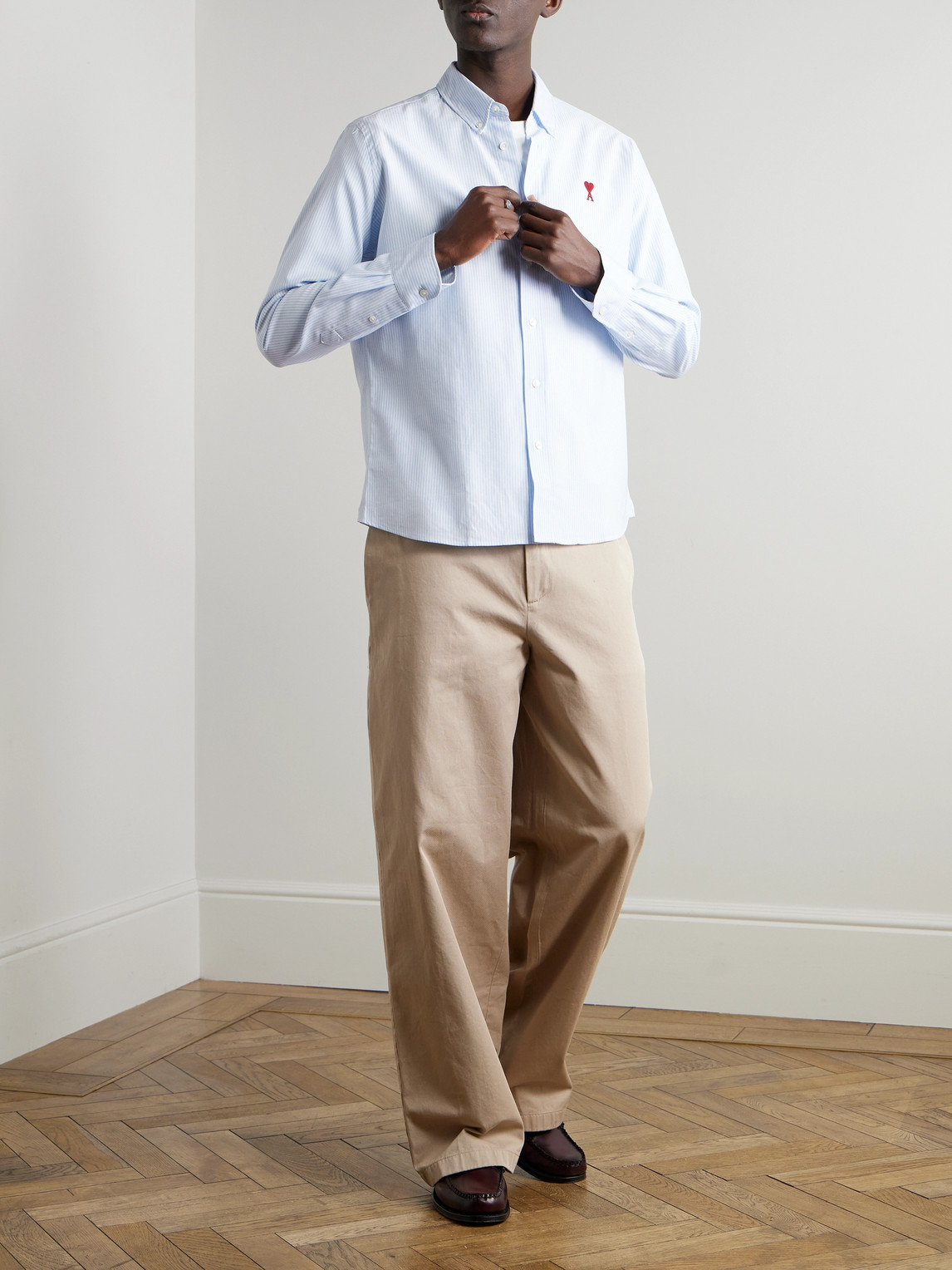 Ami Alexandre Mattiussi Adc Button-down Collar Logo-embroidered Striped Cotton Oxford Shirt In Blue