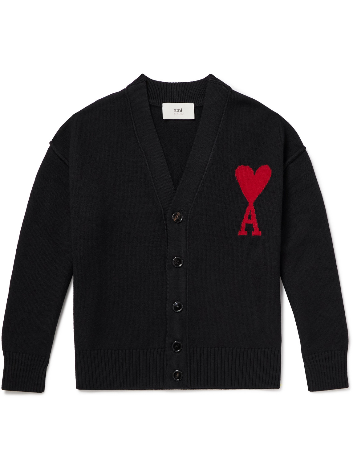 Ami Alexandre Mattiussi Logo-intarsia Virgin Wool Cardigan In Black