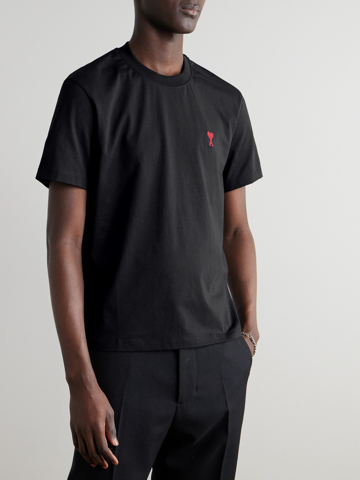 Ami Alexandre Mattiussi Logo-embroidered Organic Cotton-jersey T-shirt In Black