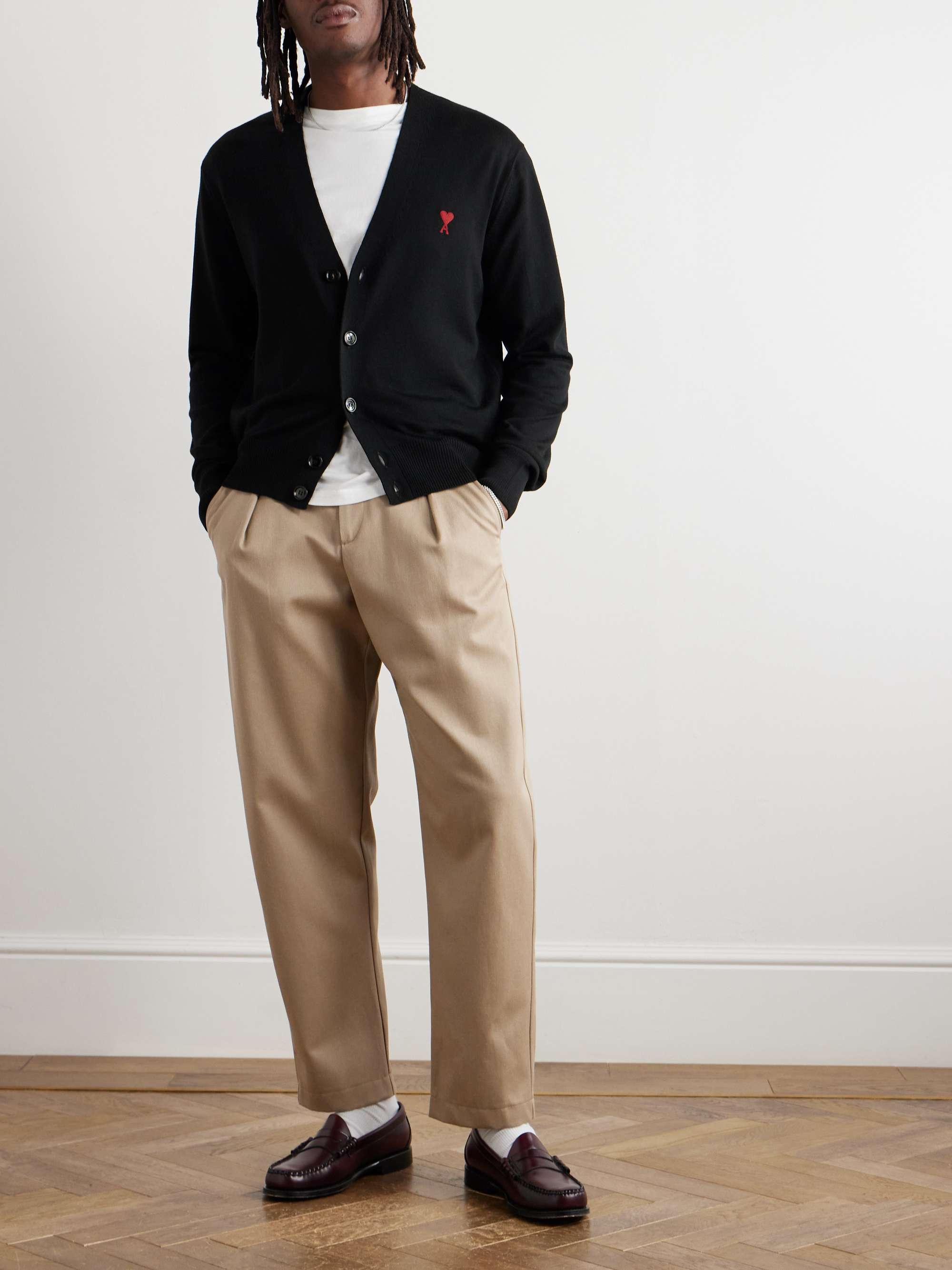 Black Slim-Fit Logo-Embroidered Merino Wool Cardigan | AMI Black Slim-Fit Logo-Embroidered Merino Wool Cardigan | AMI