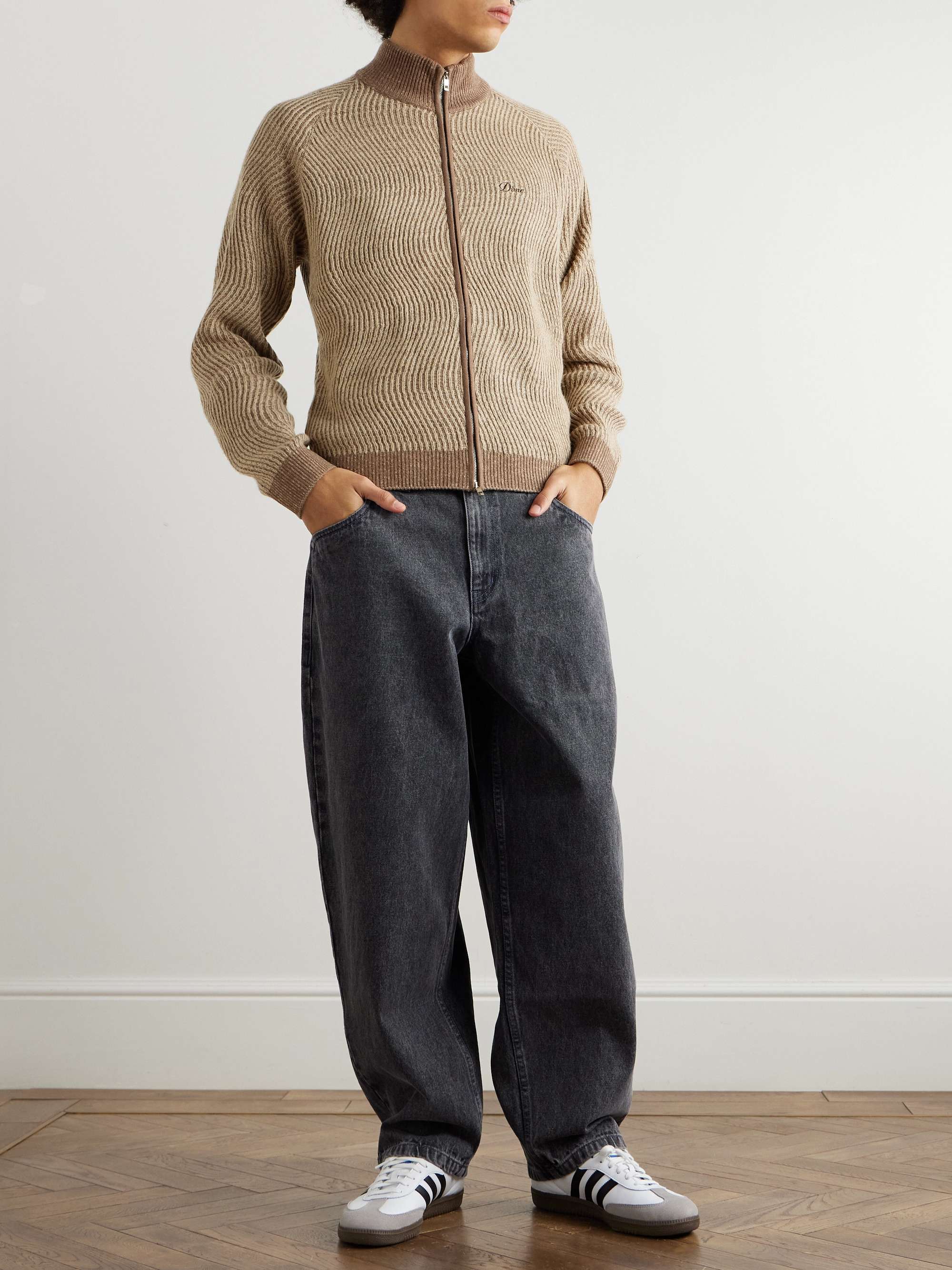 Brown Logo-Embroidered Ribbed-Knit Zip-Up Cardigan | DIME