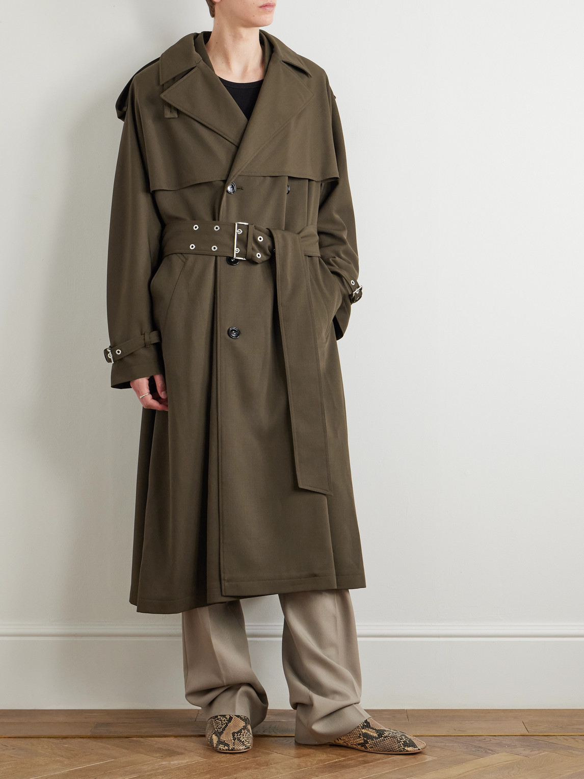 Ami Alexandre Mattiussi Double-breasted Belted Virgin Wool-gabardine Trench Coat In Green