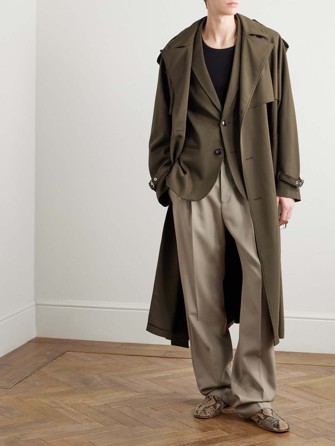 Ami Alexandre Mattiussi Double-breasted Belted Virgin Wool-gabardine Trench Coat In Green